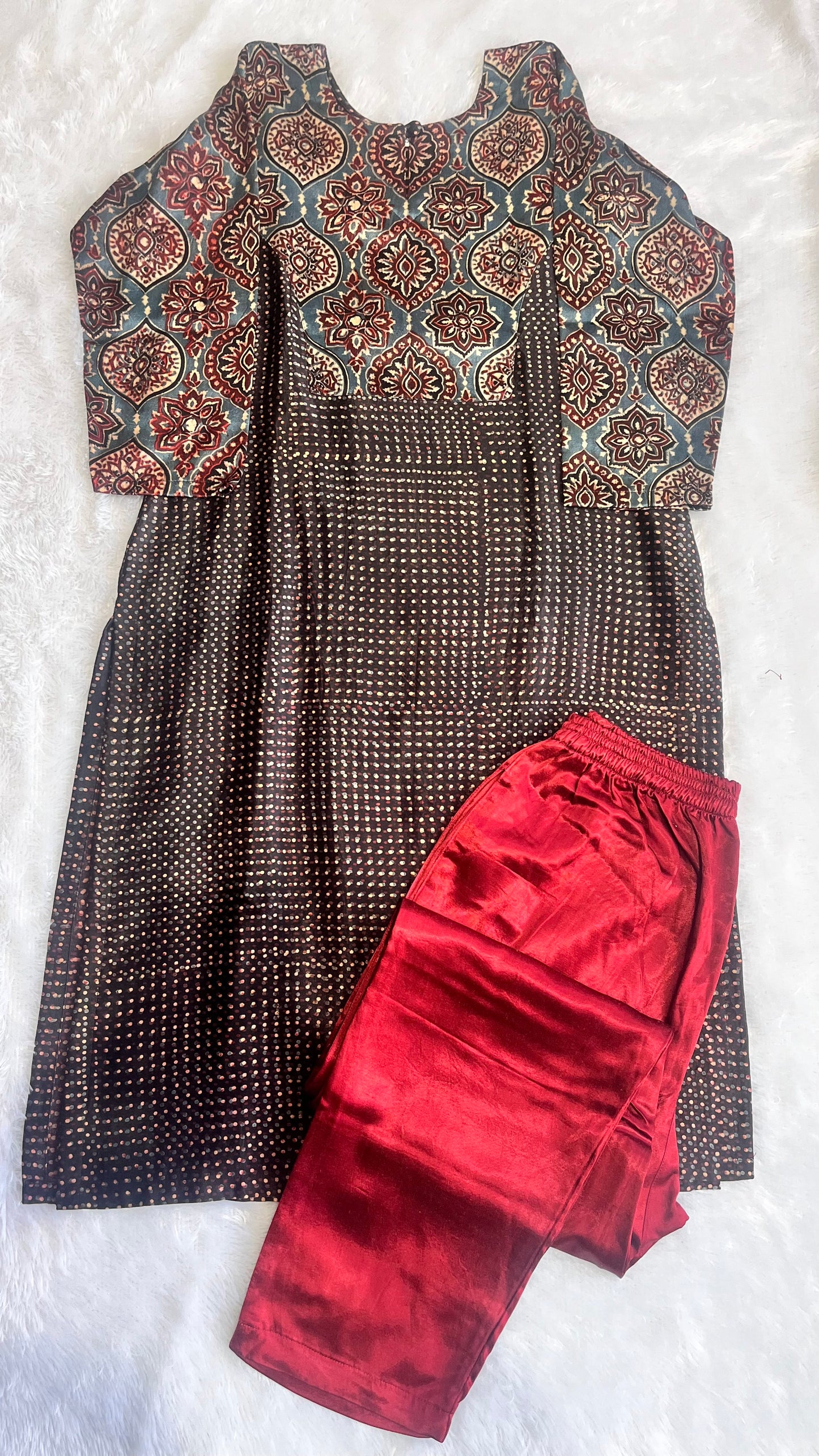 Black and Maroon Mashru Silk Ajrakh Hand Block Print Kurta Pant Set