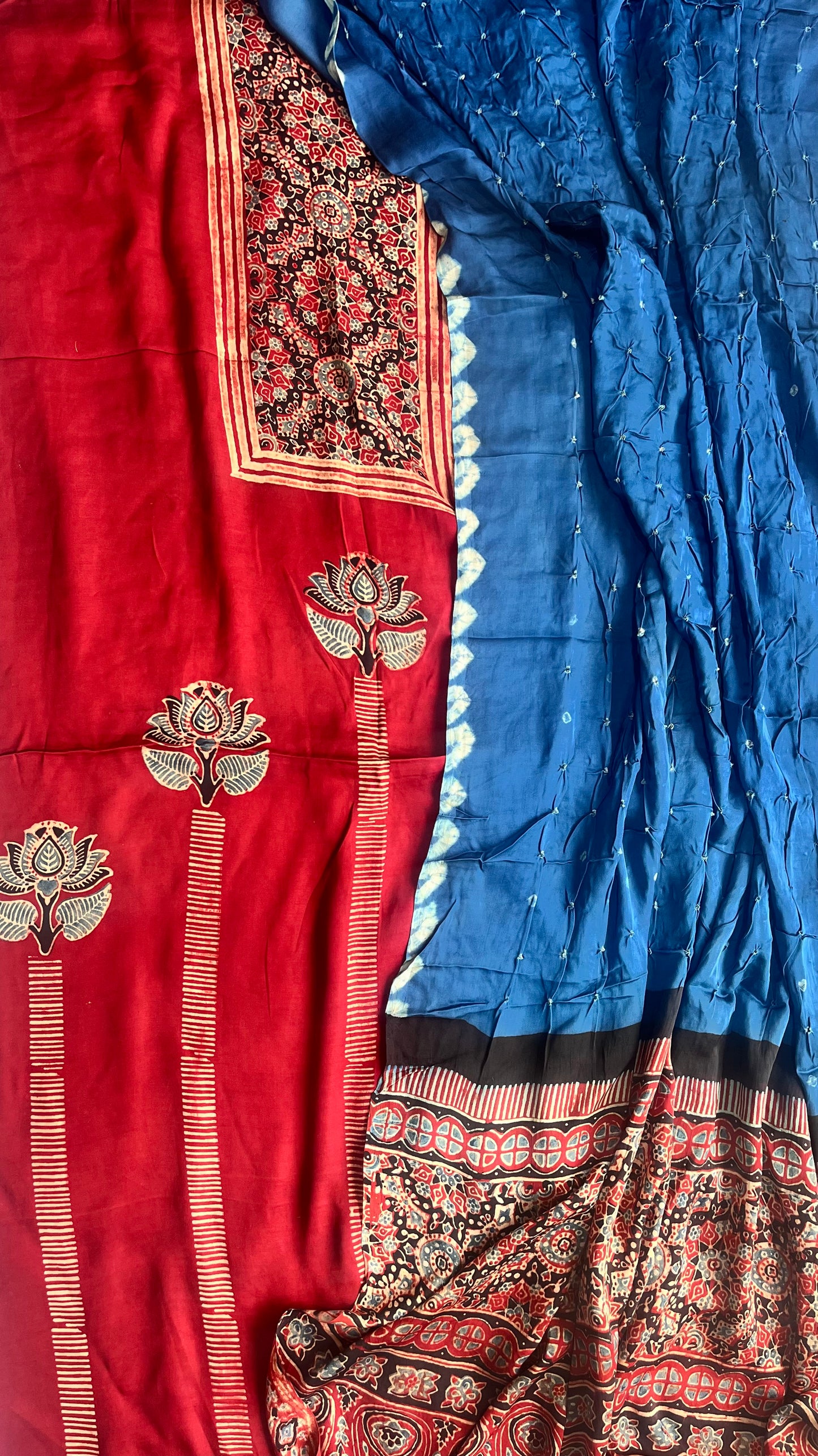 Ravishing Red Kamal Print Modal Silk Hand Block Print 2pc Suit Material with Teal Blue Bandhej Dupatta