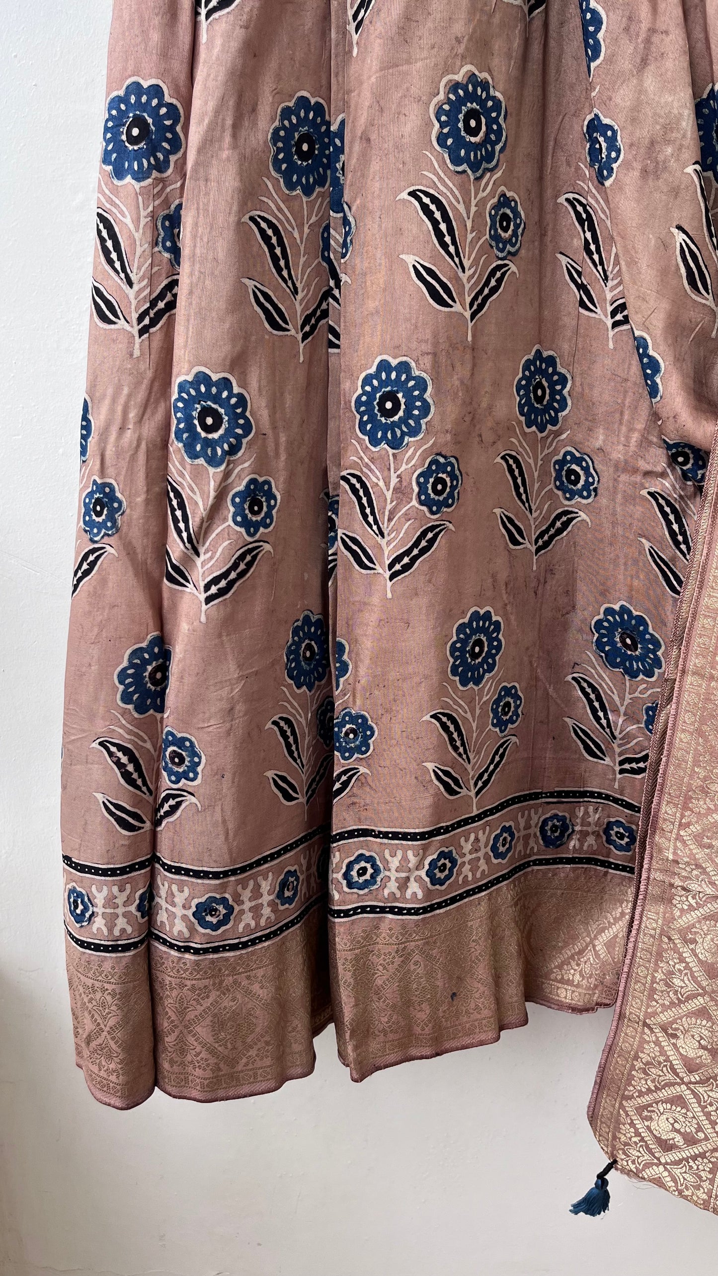 Earthen Shade Flower Buta Motif Ajrakh Hand Block Dola Silk Saree with Zari Pallu (With Blouse)