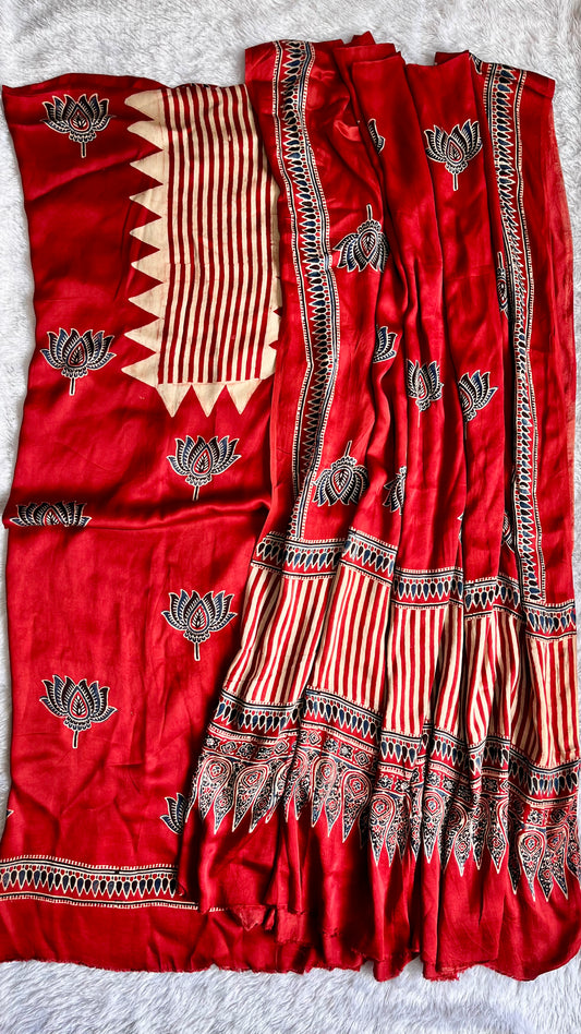 Deep Red Kamal Motif Pure Modal Silk Suit Set with Modal Silk Dupatta