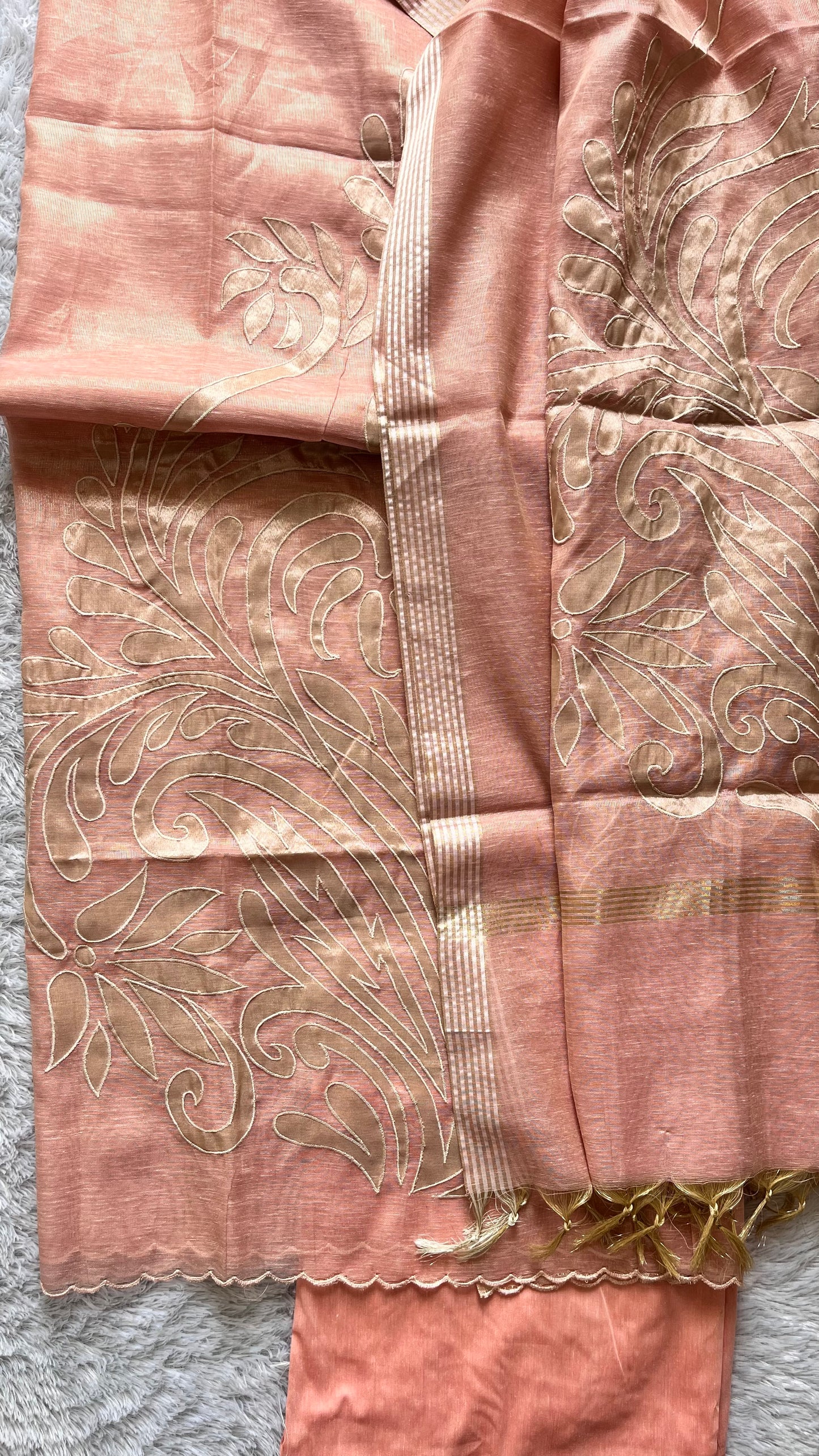 Peachish Pink Shade Banarasi Tissue Linen 3-Piece Suit with All over Applique Work on Daman and Dupatta
