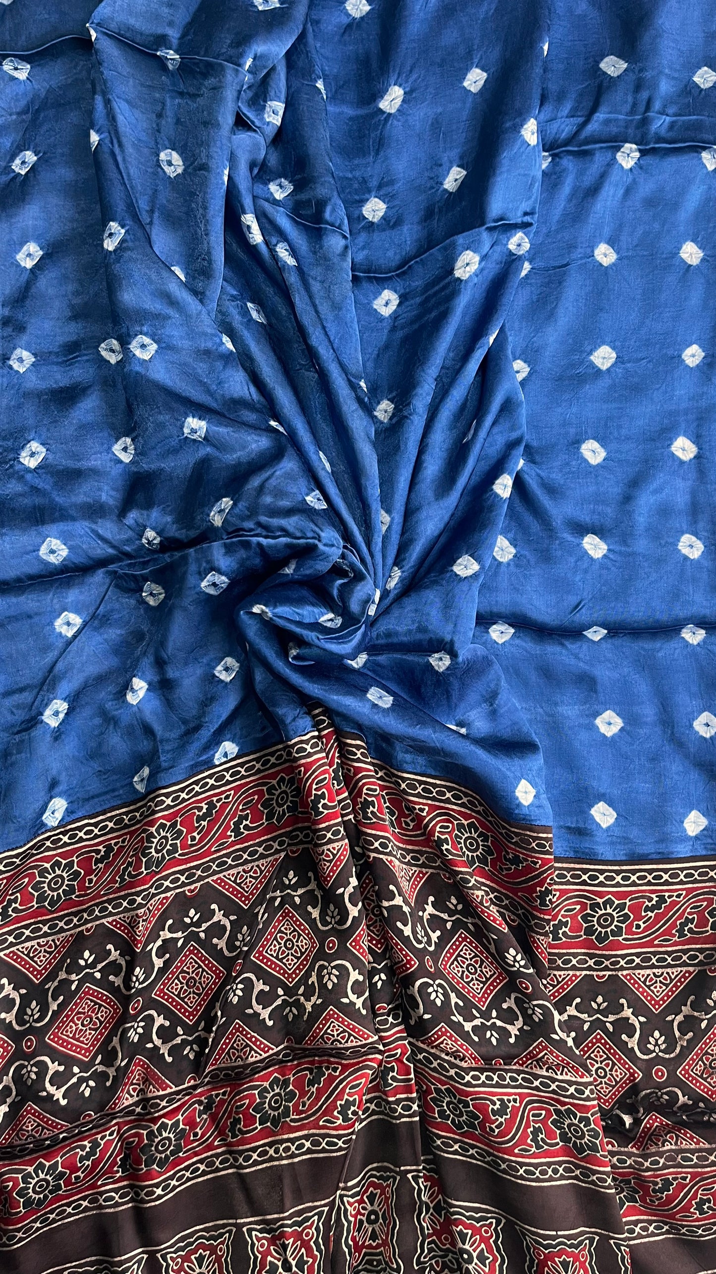 Ink Blue and Maroon Bandhej Print Modal Silk Applique Dupatta with Tassels