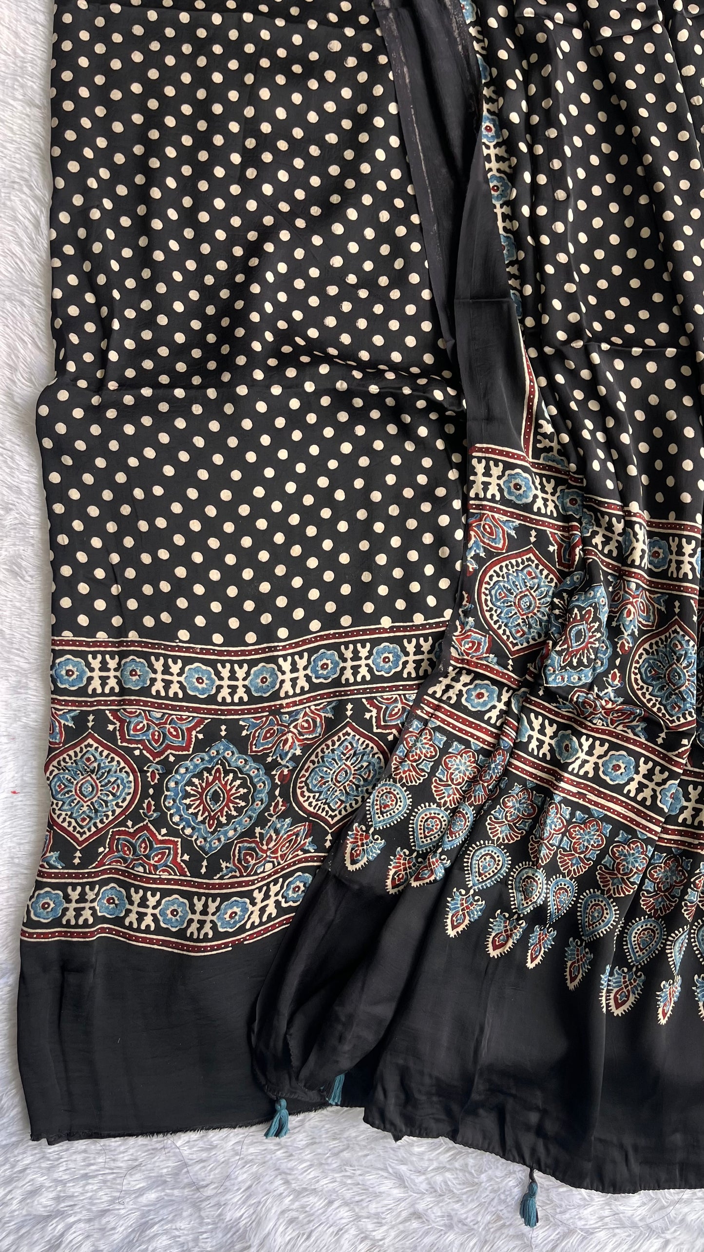 Black Shade Polka Dot Booti Ajrakh Hand Block Motif Modal Silk 2pc Suit Material Set