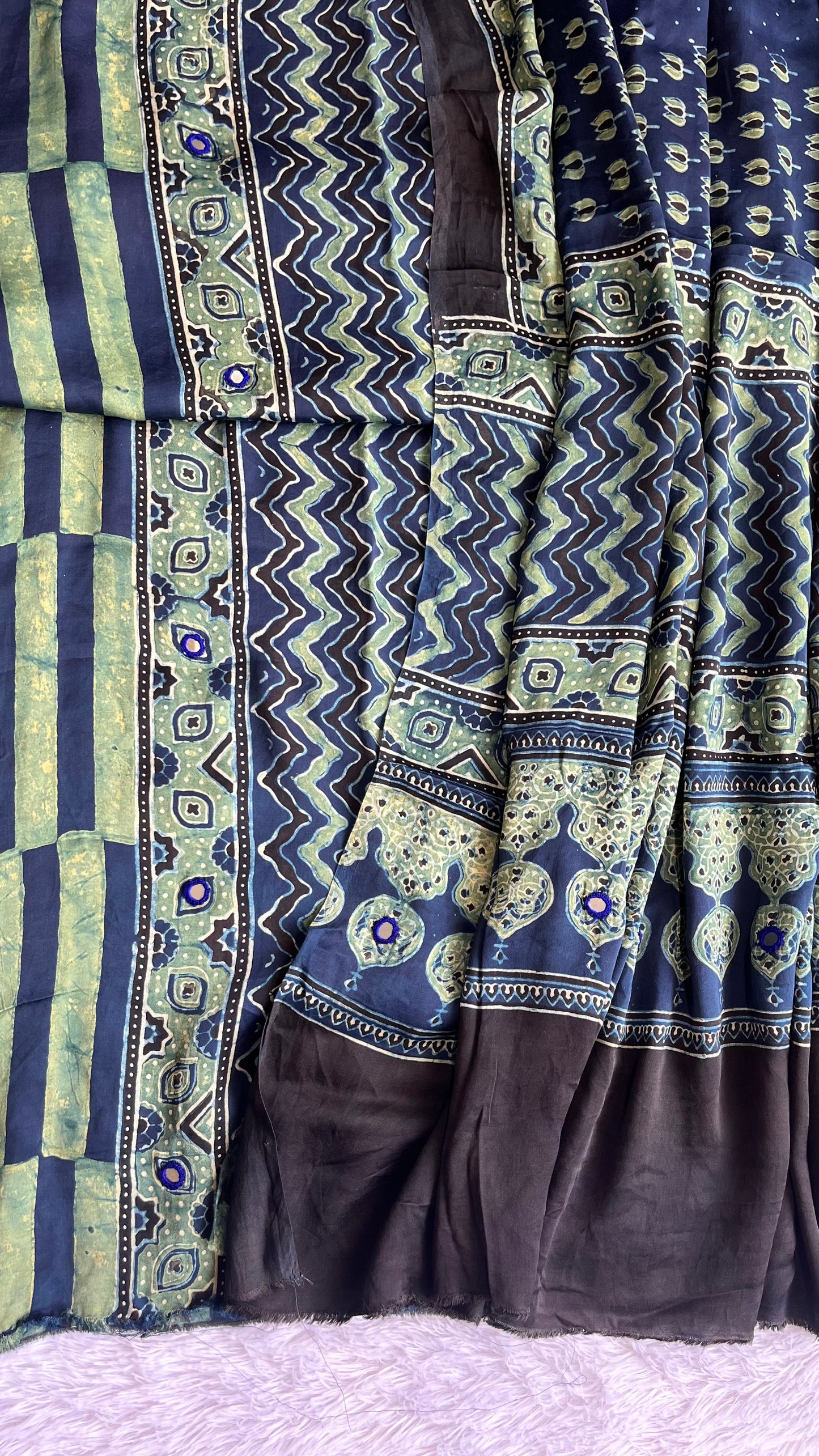 Indigo Zigzag Buta Print Modal Silk Ajrakh Hand Block Print 2pc Suit Material Set with Mirror Work