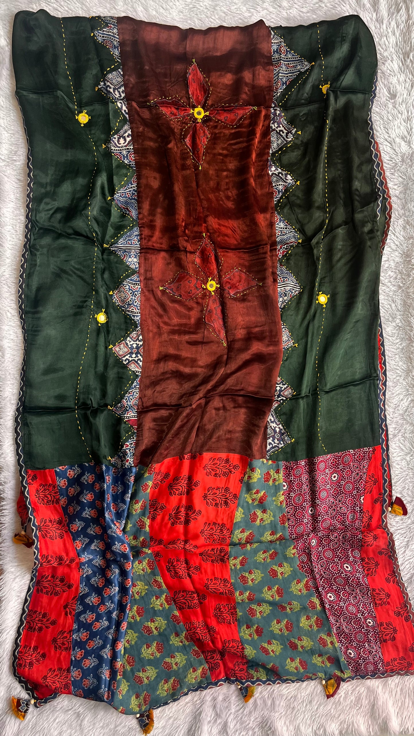 Maroonish Brown and Green Modal Silk Applique Work Dupatta with Tassels