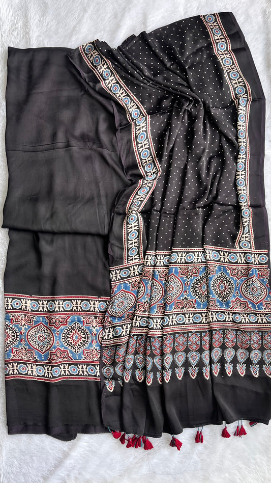 Black Badaam and Polka Buti Motif Modal Silk 2pc Suit Material Set with Modal Silk Dupatta