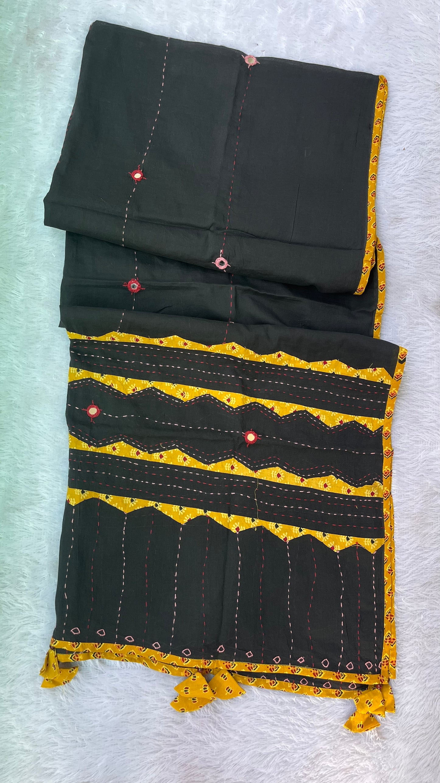 Black and Yellow Ajrakh Applique Patchwork Cotton Dupatta with Mirror Work