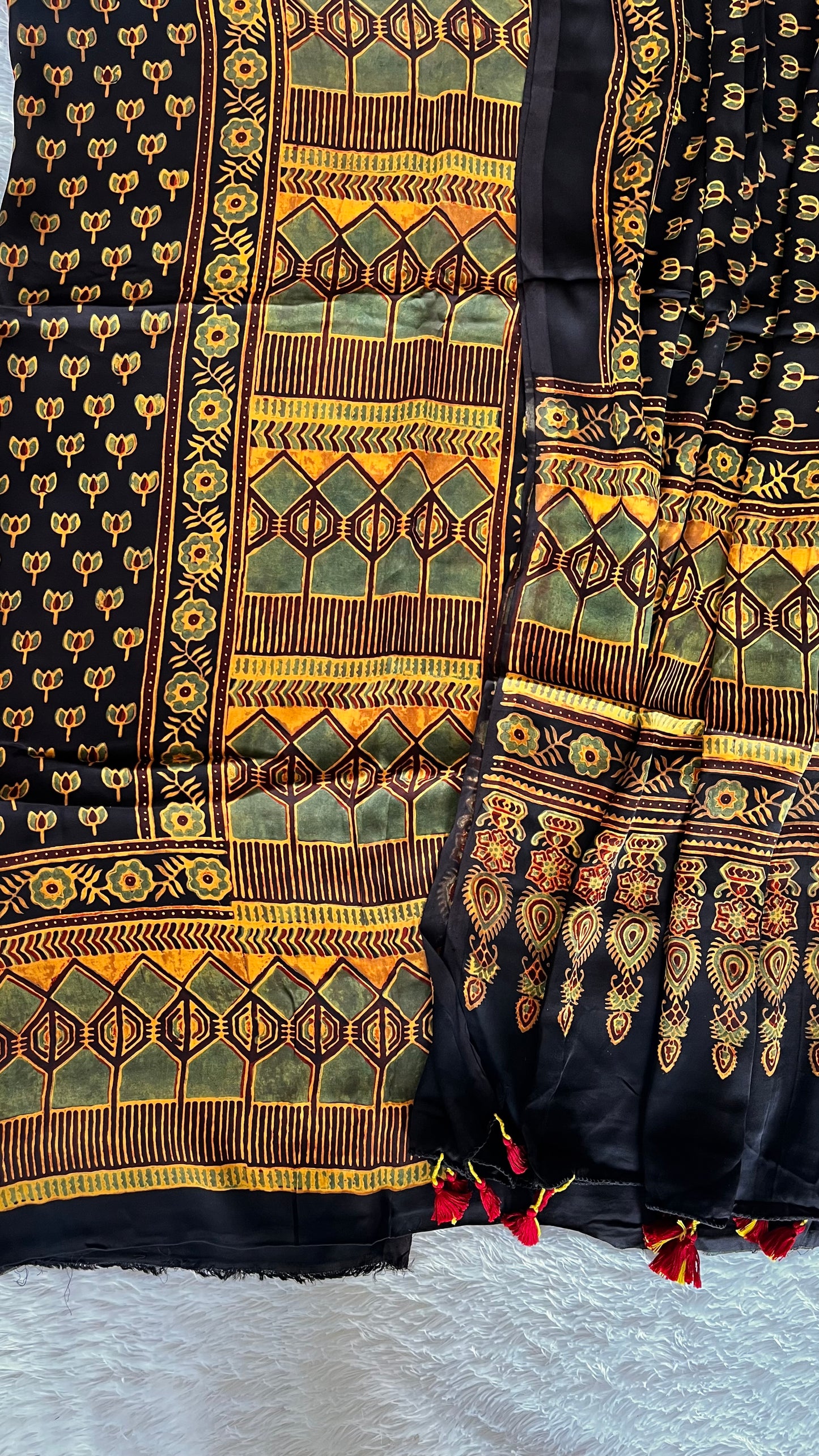 Green and Black Grid and Kamal Motif Modal Silk 2pc Suit Material Set with Modal Silk Dupatta