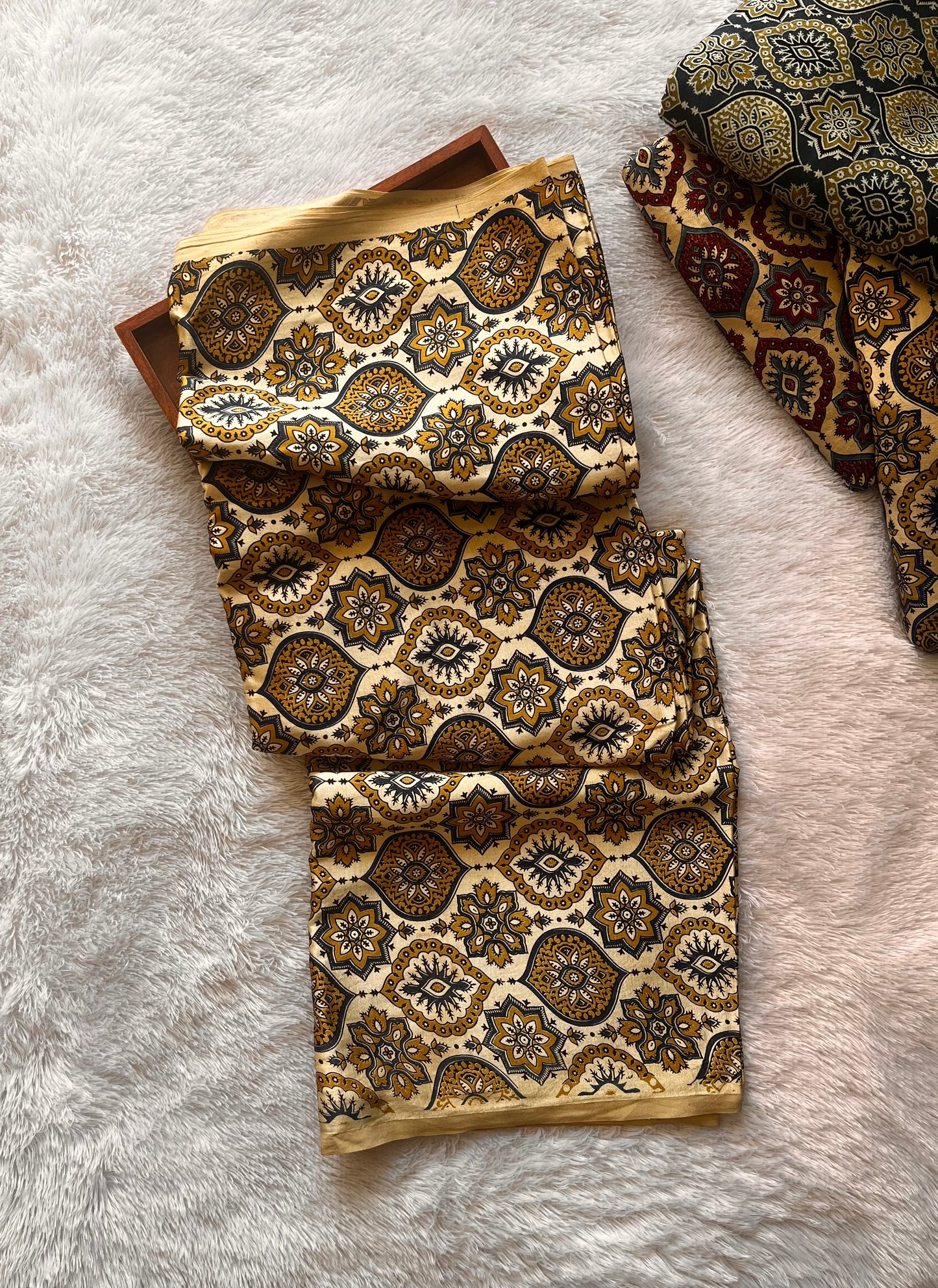 Cream Shade Badaam Buti Motif Ajrakh Mashru Silk fabric