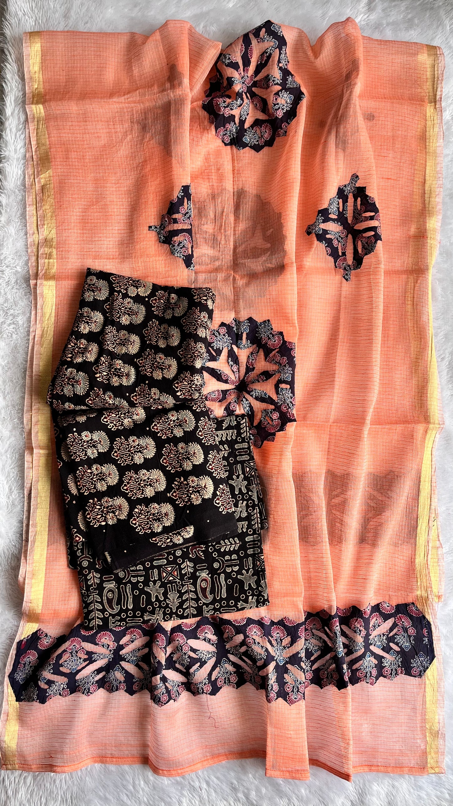 Black Mugal Booti Pure Cotton Ajrakh Unstitched Suit Set with Ajrakh Applique Kota Dupatta