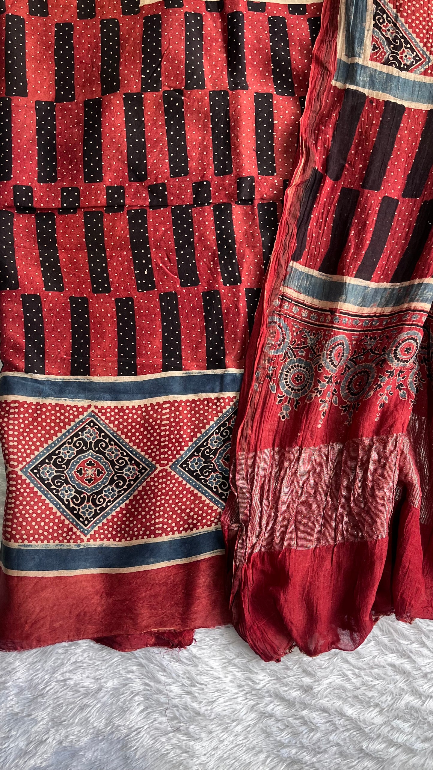 Black and Red Dhaari Motif Ajrakh Hand Block Print Chanderi Silk Suit Material