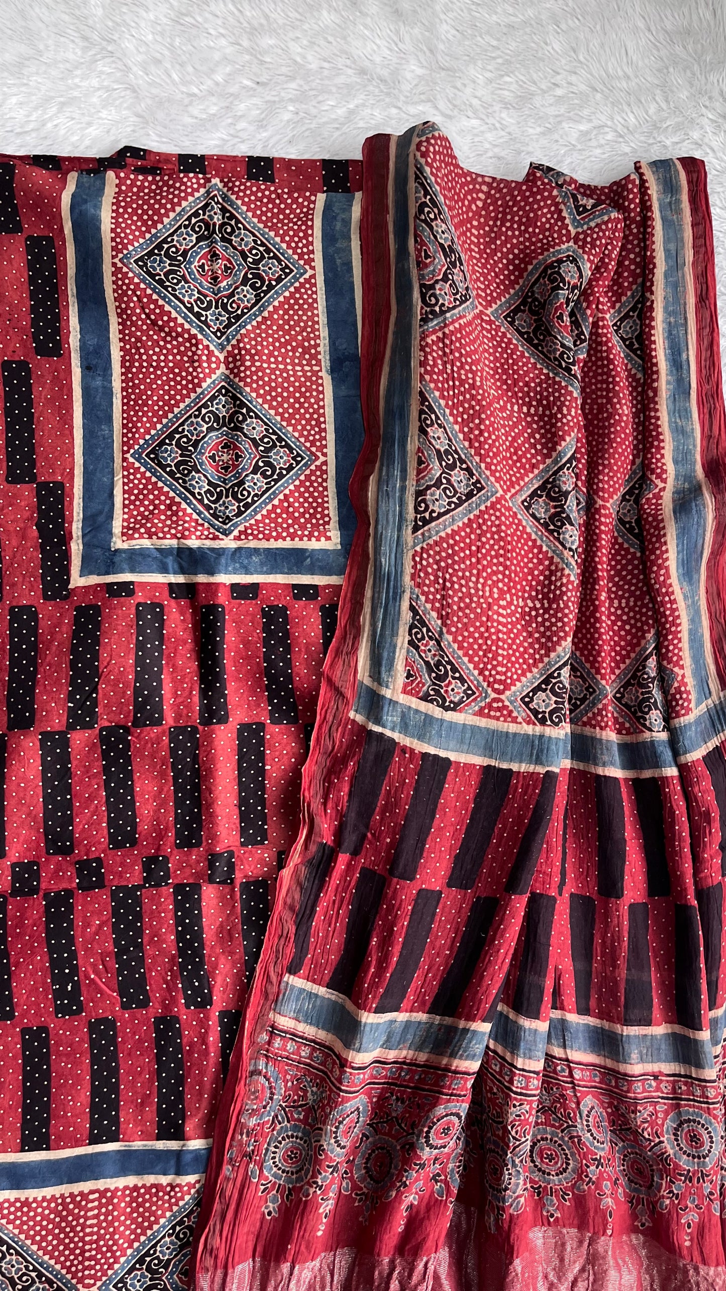Black and Red Dhaari Motif Ajrakh Hand Block Print Chanderi Silk Suit Material
