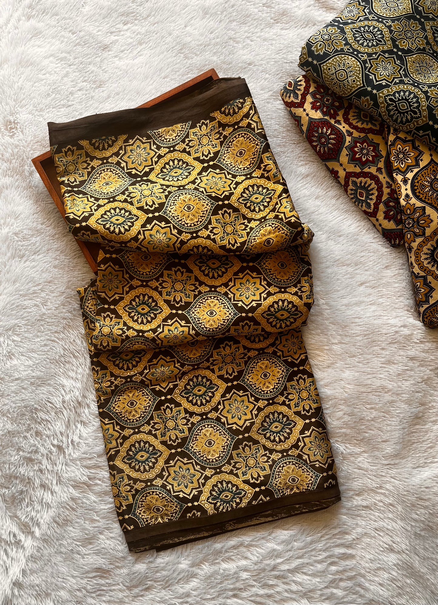 Cut Piece Beige and Indigo Colour Jaal Motif Ajrakh Mashru Silk fabric
