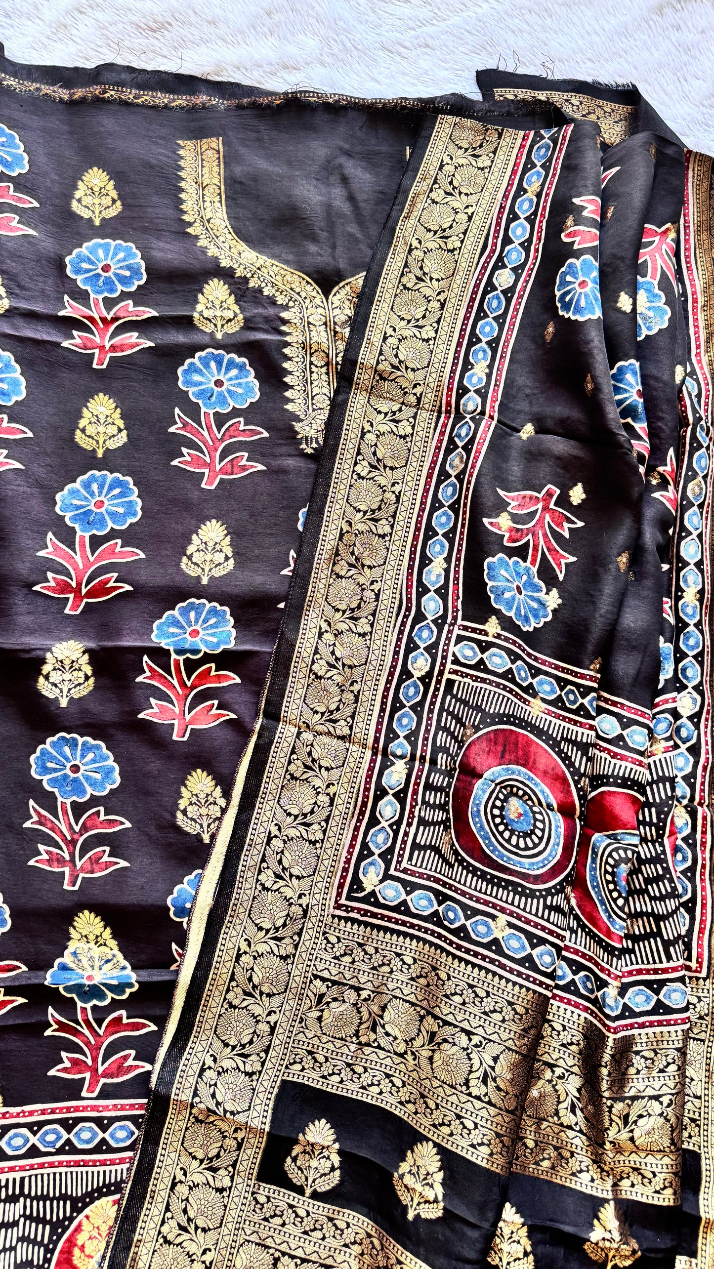 Black Floral Boota Pure Dola Silk Ajrakh Hand Block Print 2pc Suit Material Set with Zari Yoke and Nakkashi Dupatta