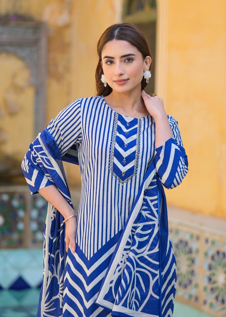 Ink Blue Geometric Print Pure Cotton Suit Set with Cotton Dupatta