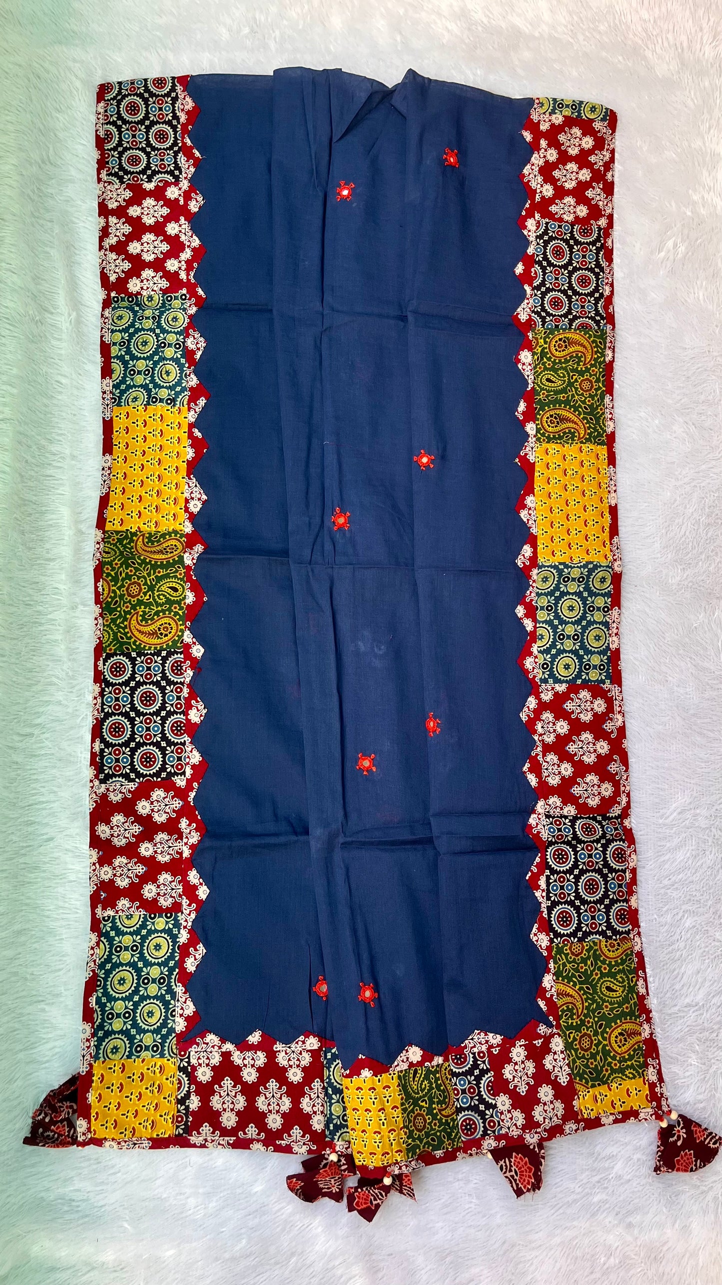 Navy Blue Ajrakh Applique Patchwork Border Cotton Dupatta with Mirror Work