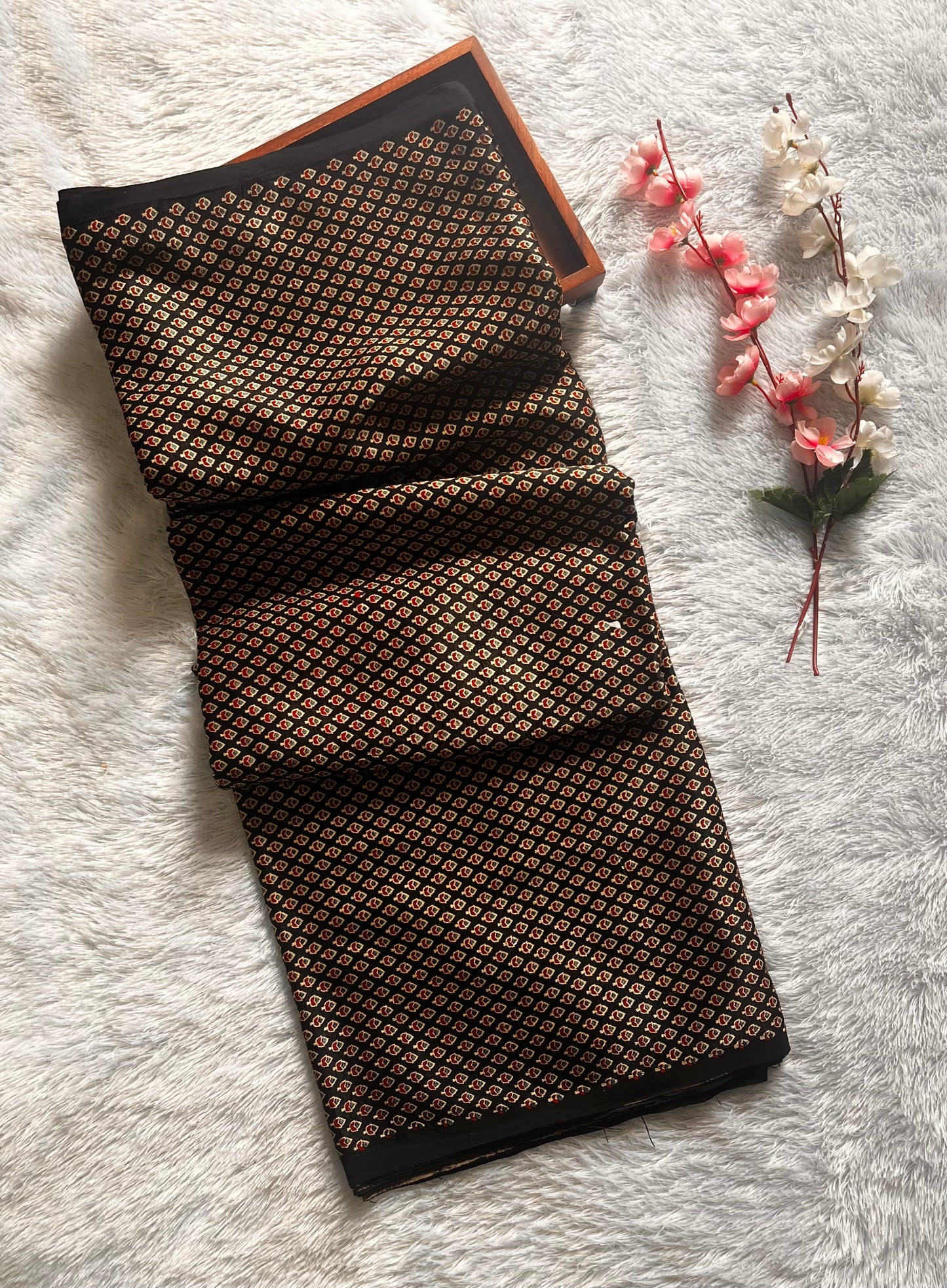 Black Shade Small Buti Motif Ajrakh Mashru Silk Fabric