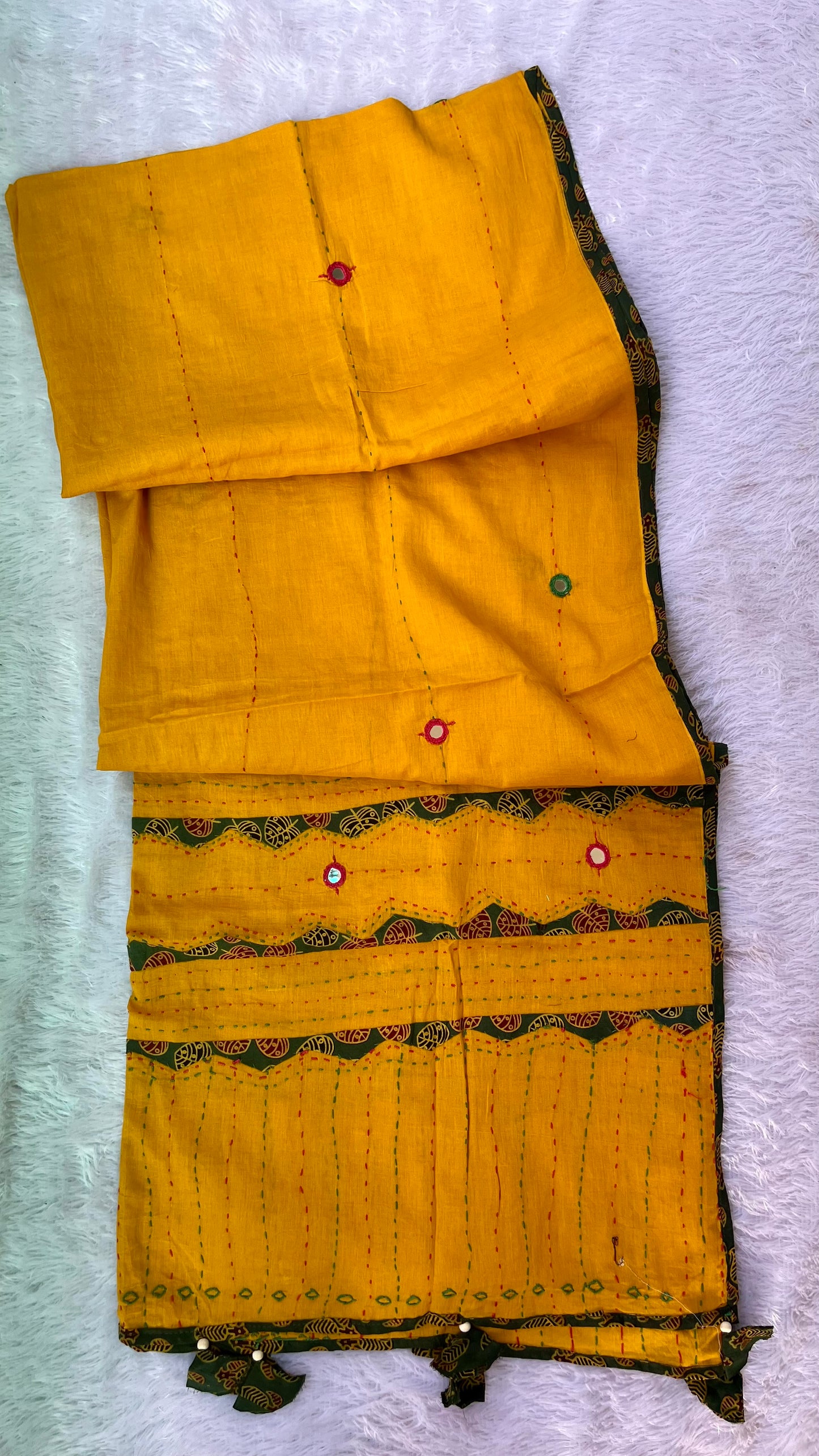 Mustard and Green Ajrakh Applique Patchwork Cotton Dupatta with Mirror Work