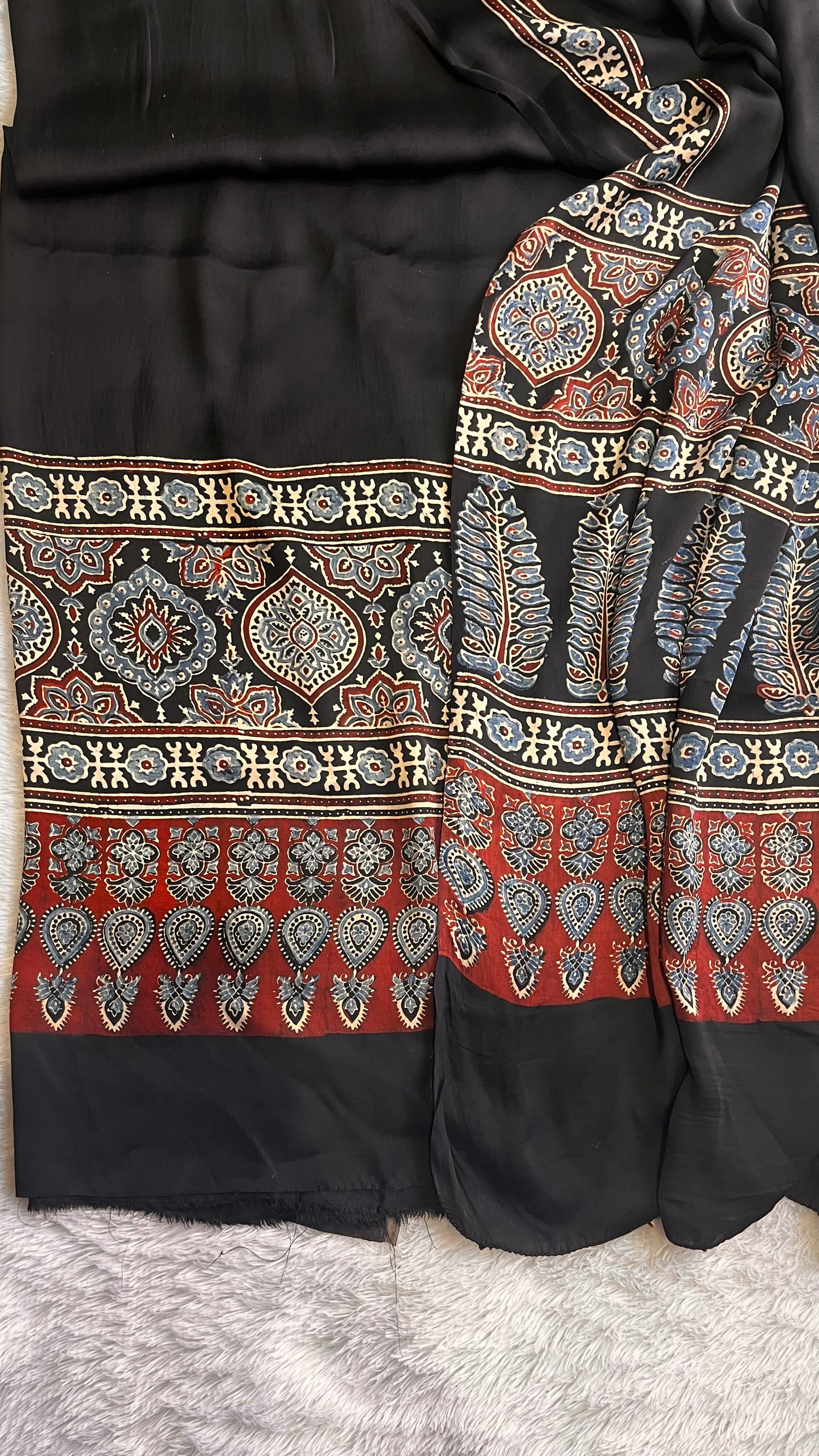 Viral Black Patti Motif Ajrakh Hand Block Print Modal Silk 2pc Suit Material Set
