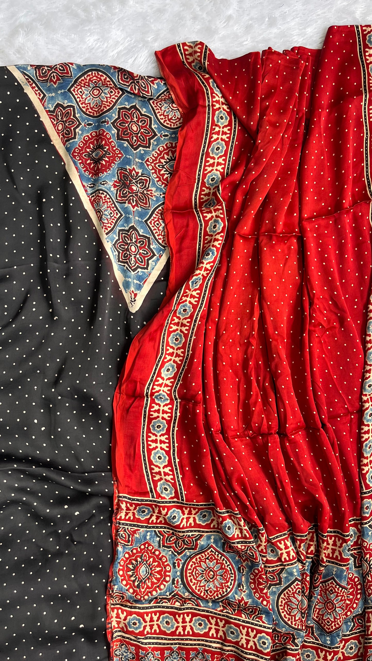 Black and Red Polka Motif Modal Silk Ajrakh Hand Block 2 pc Suit Set