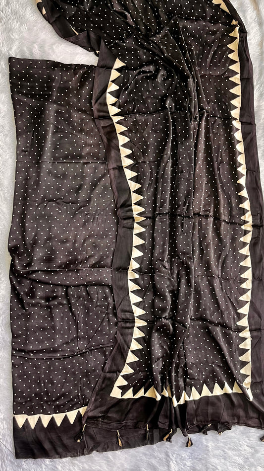 Black Polka Dotted Modal Silk Ajrakh Hand Block 2 pc Suit Set with Modal Silk Dupatta