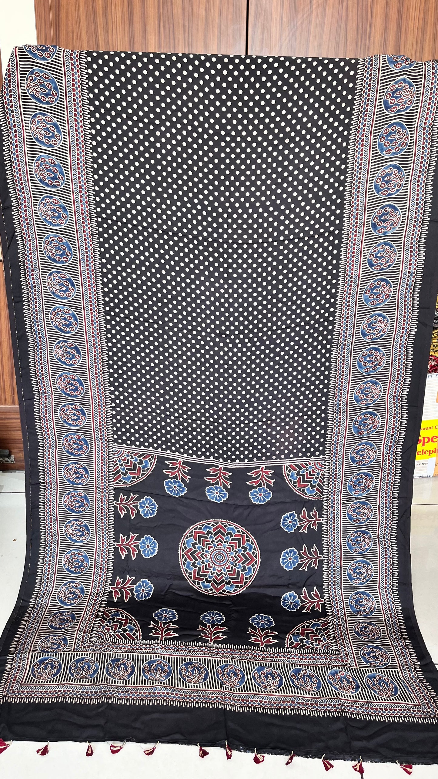 Black Polka Dotted Modal Silk Saree With Blouse