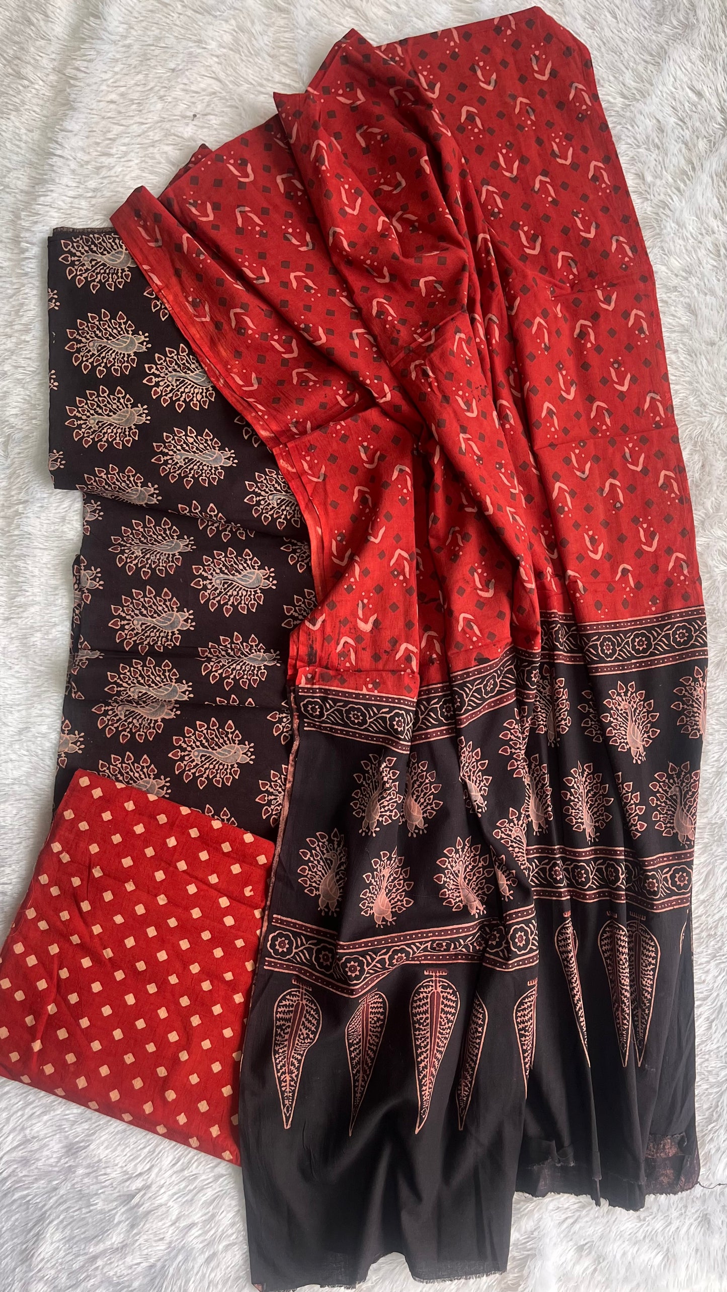 Black Mor Booti Motif Ajrakh Unstitched Pure Cotton Suit Set with Cotton Dupatta