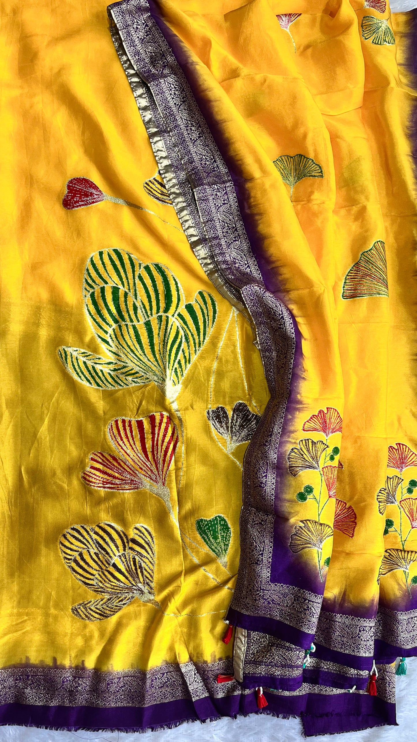 Mesmerising Yellow Dola Silk Hand Brush Print 2pc Suit Material Set with Zari Pallu and Full Finish with Tassels
