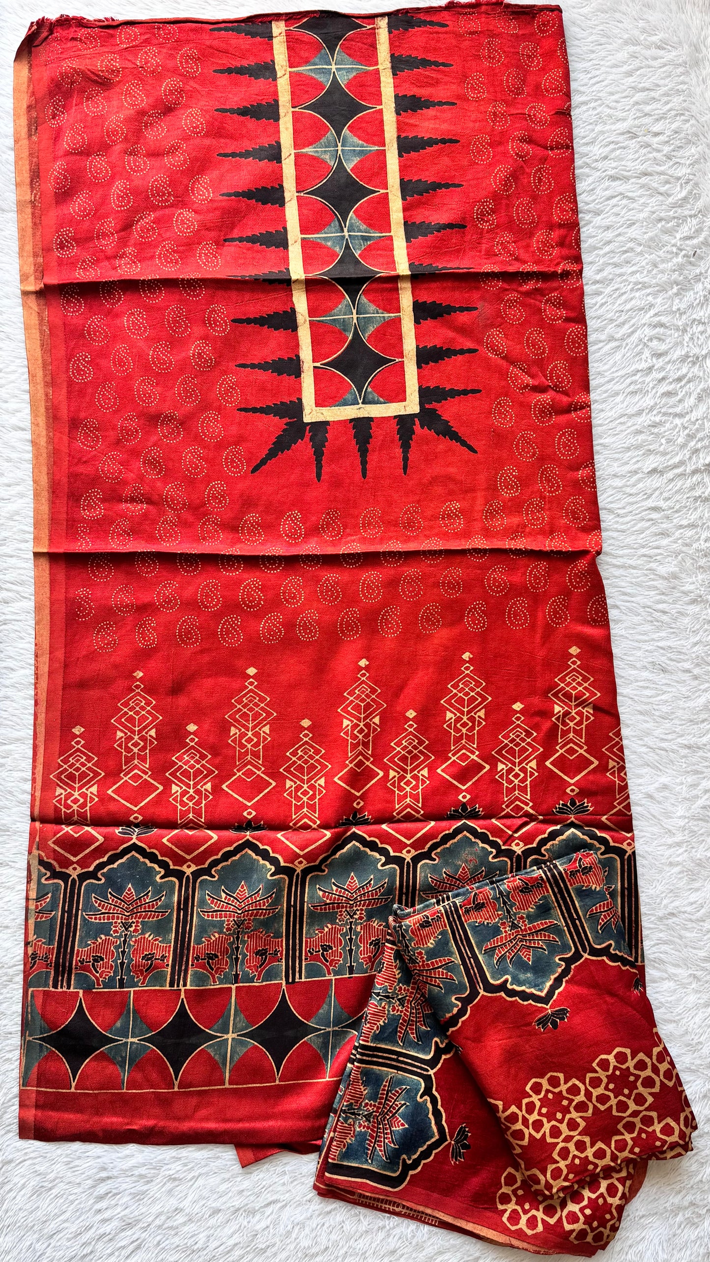 Ravishing Red Jharokha Motif Ajrakh Hand Block Print Mashru Silk 3 pc Suit Material with Modal Silk Dupatta