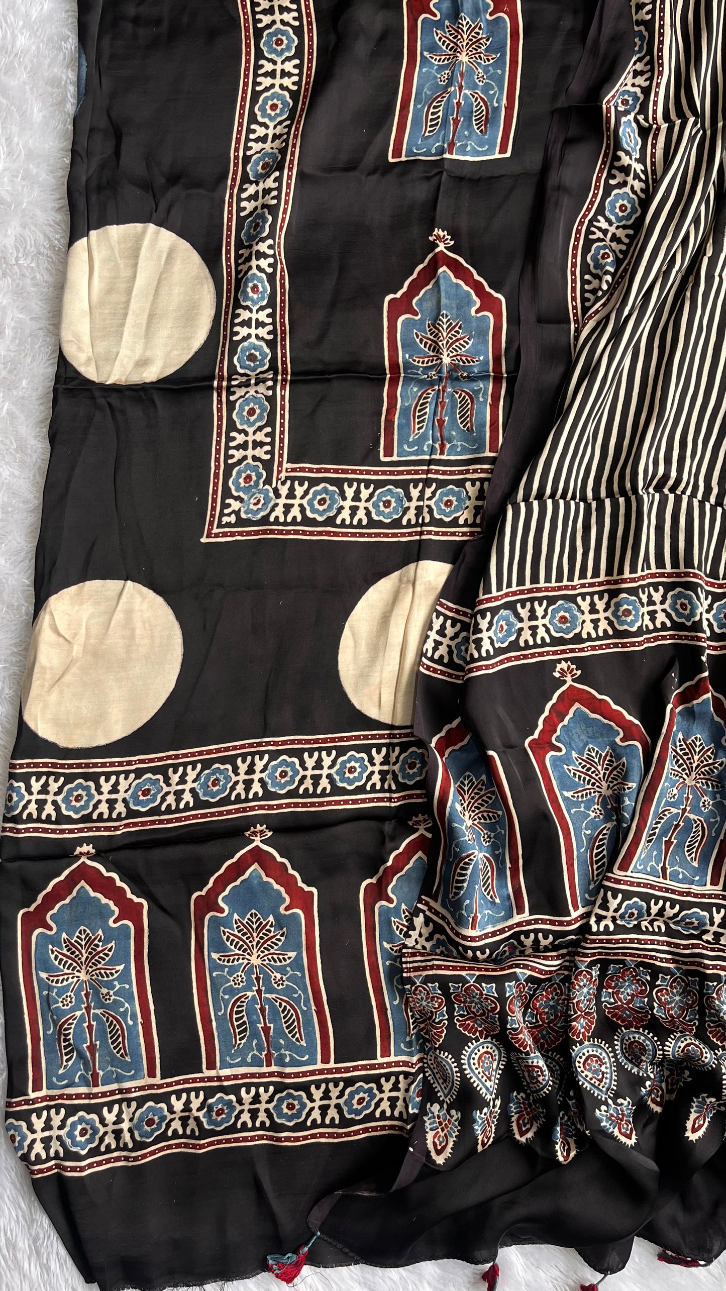 Black Jharokha and Circle Buta Print Modal Silk Ajrakh Natural Dyed Hand Block Print 2pc Suit Material Set