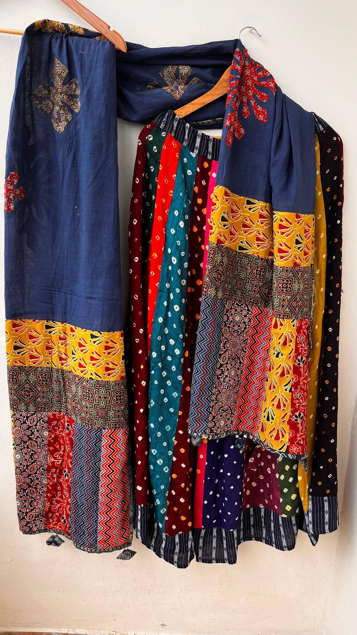 Multicolour Gherdaar Kali Cotton Long Flared Skirt with Navy Blue Applique Patchwork Dupatta