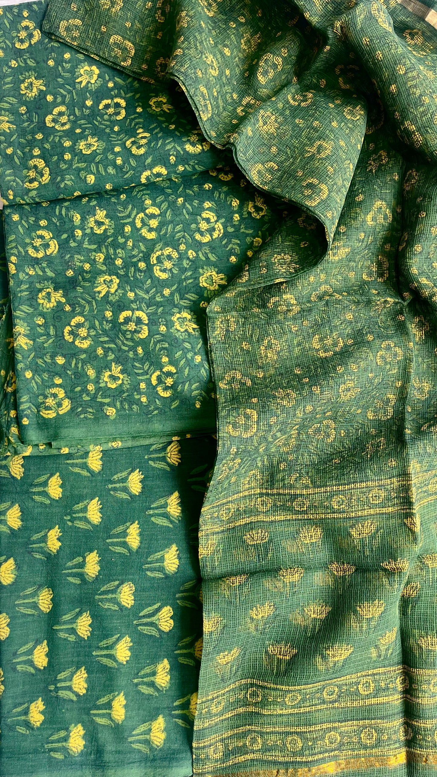 Akola Green and Yellow Small Booti Pure Cotton Suit Set with Kota Doria Dupatta