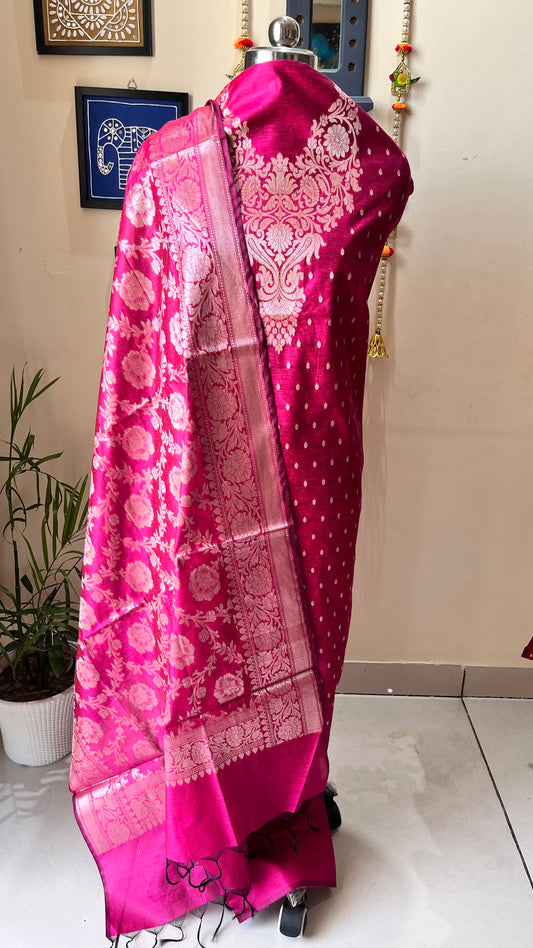 Pataka Pink Shade Banarasi Silk Cotton 3-Piece Suit with Banarasi Woven Yoke & Dupatta