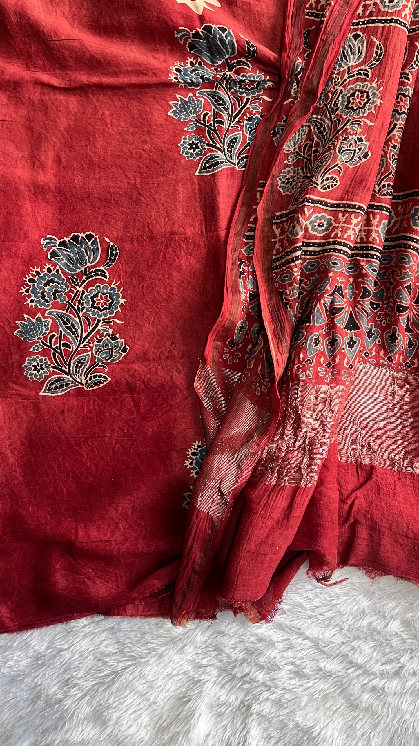 Maddar Red Royal Buta Motif Chanderi Silk Suit set with Ajrakh Hand Block Printing