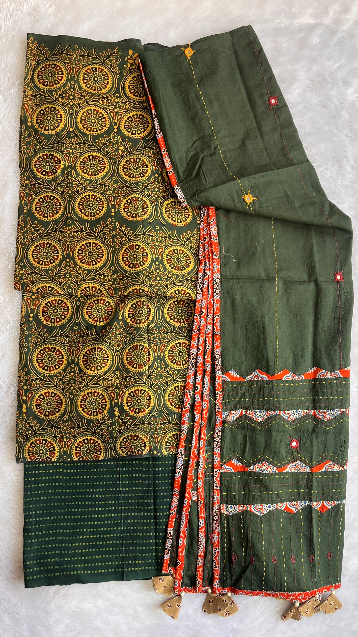 Green Jaal Buti Ajrakh Unstitched Suit Set with Cotton Applique Work Dupatta