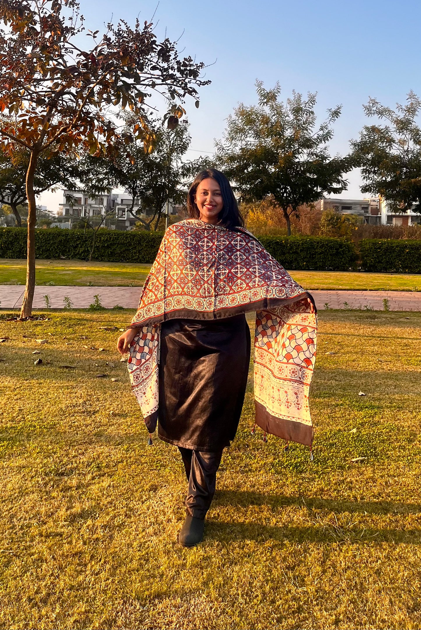 Off White and Red Grid Motif Ajrakh Hand Block Print Modal Silk Stole with Tassels