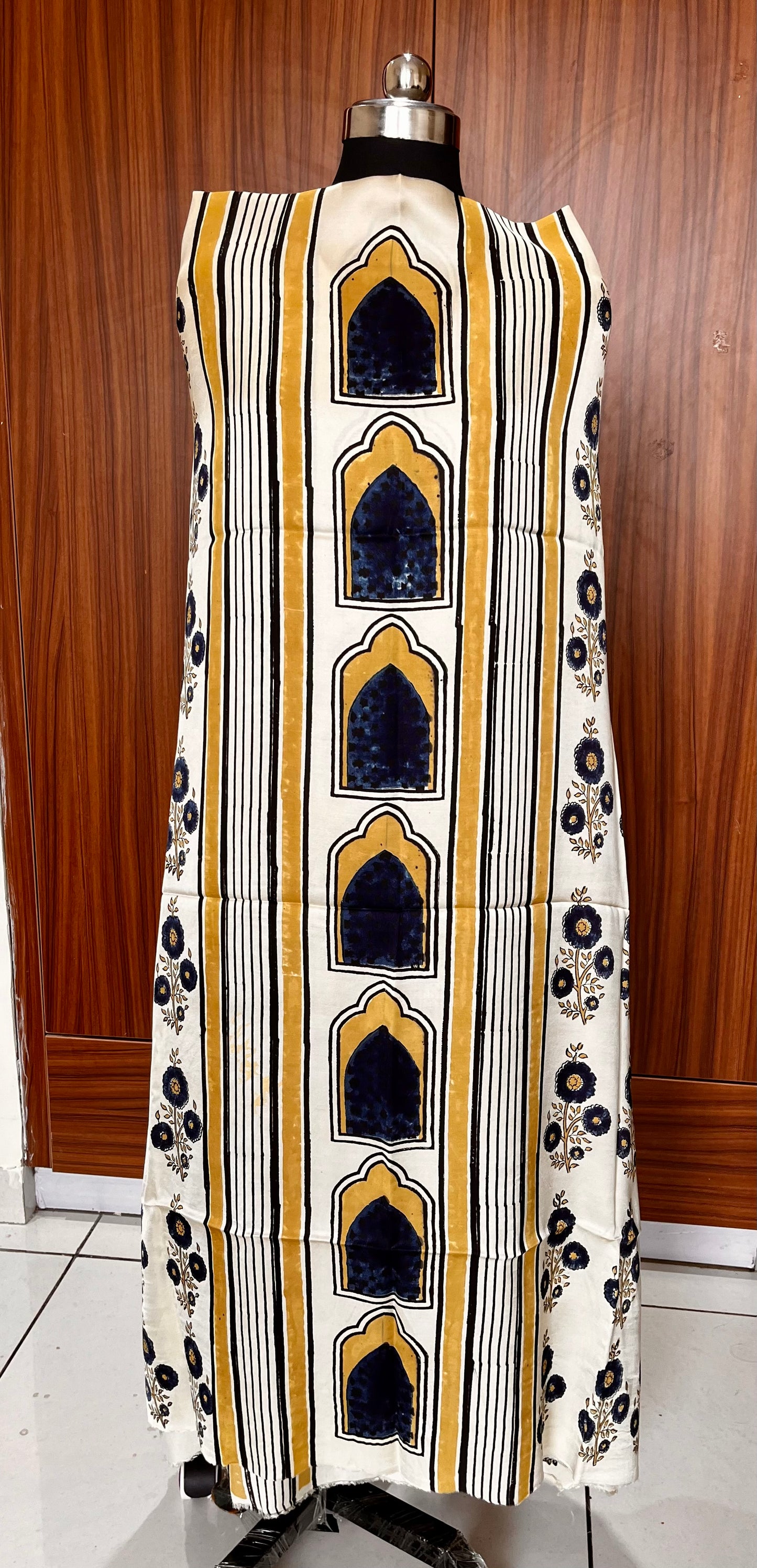 Mustard and Off White Jharokha Motif Modal Silk Ajrakh Hand Block Print Designer Unstitched Fabric (Kurta Only)