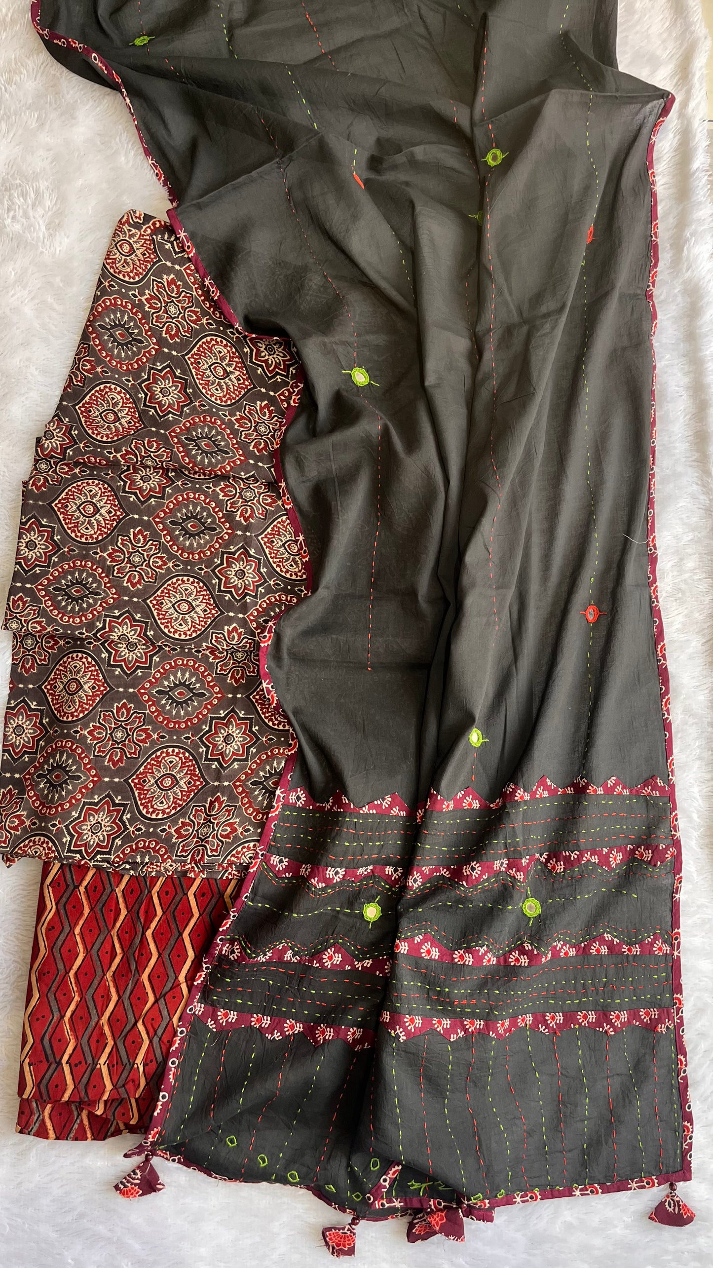 Brown and Red Badaam Buti Ajrakh Unstitched Suit Set with Cotton Applique Work Dupatta