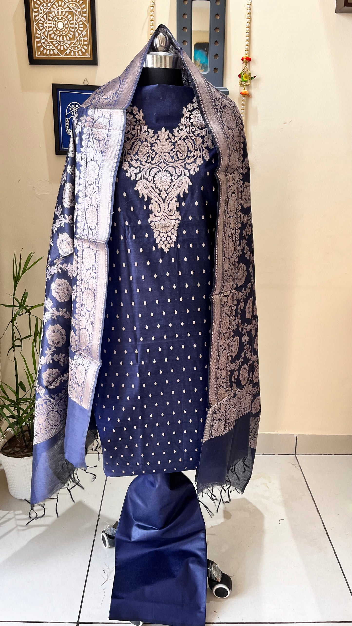 Navy Blue Shade Banarasi Silk Cotton 3-Piece Suit with Banarasi Woven Yoke & Dupatta