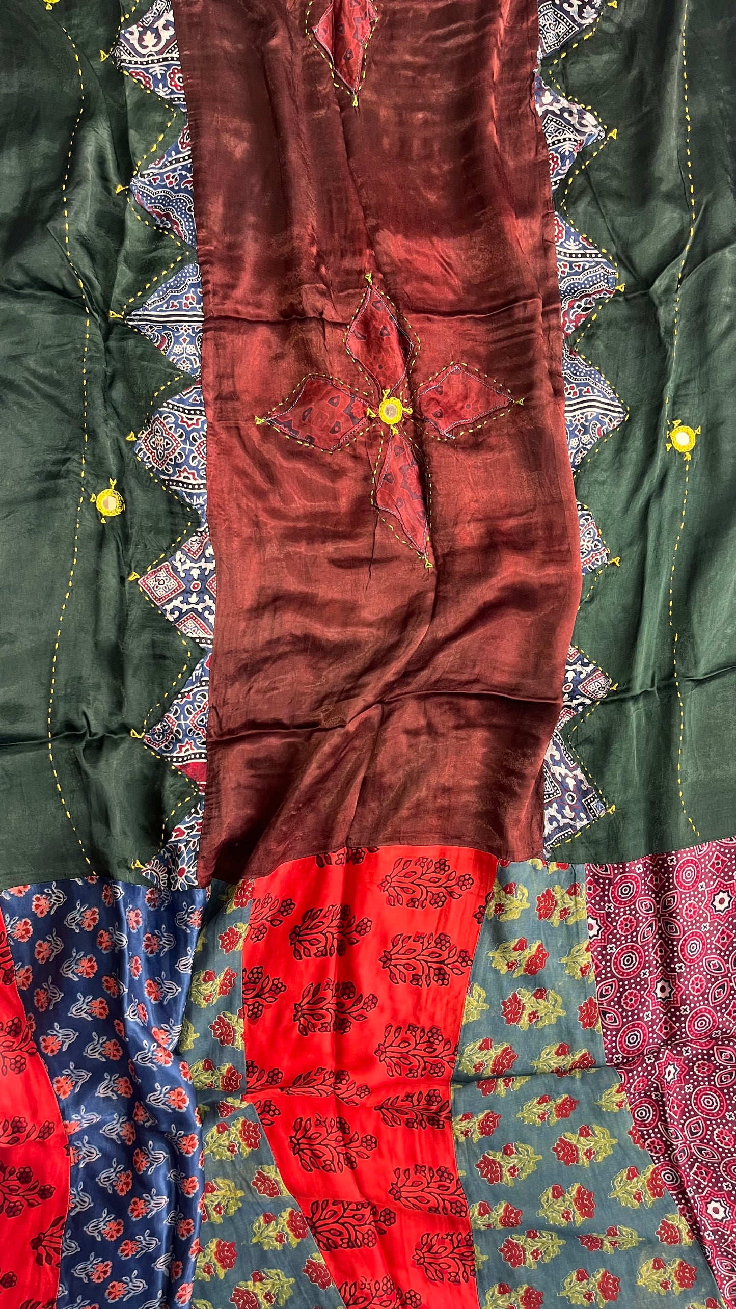 Maroonish Brown and Green Modal Silk Applique Work Dupatta with Tassels