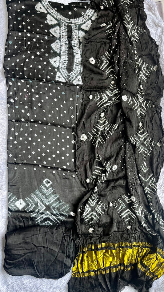 Black Bandhej Semi Modal Silk 3 pc Suit Set with Lagdi Patti Dupatta