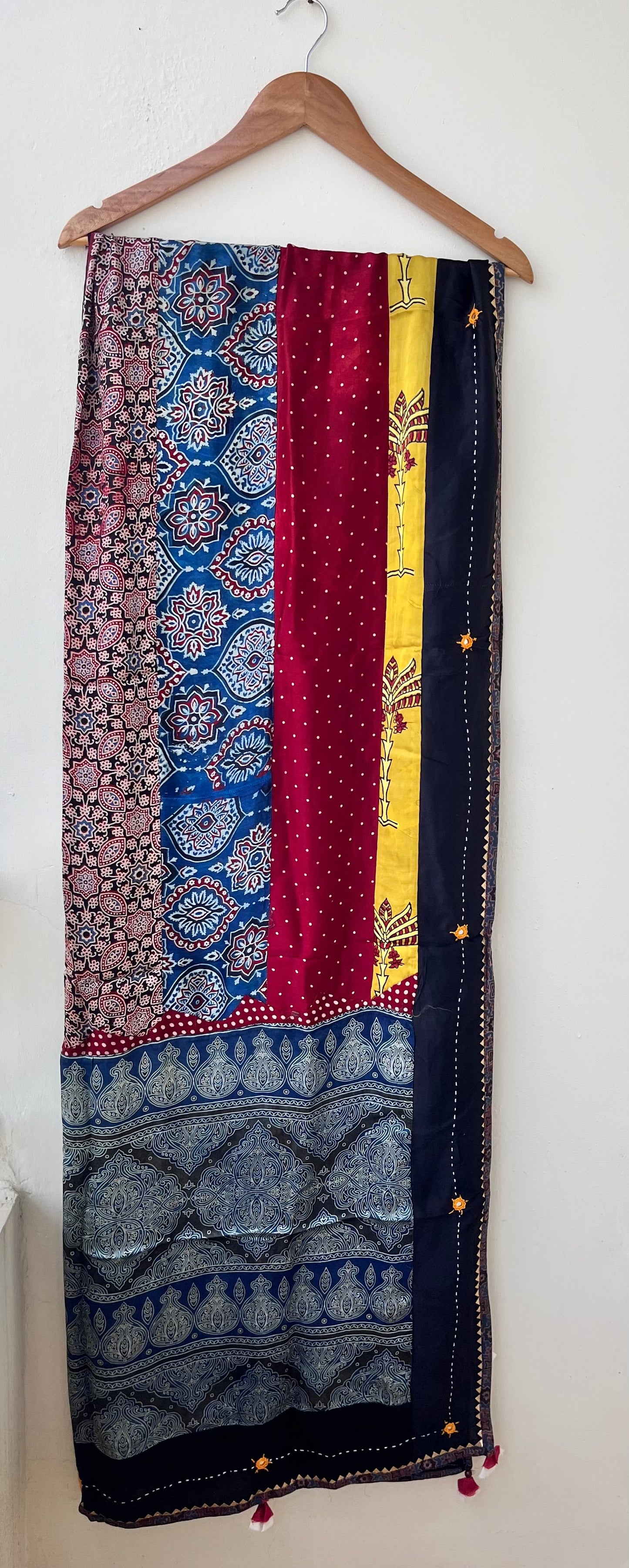 Multicolour Ajrakh Applique Patchwork Modal Silk Kantha Work Dupatta with Tassels and Mirror-work