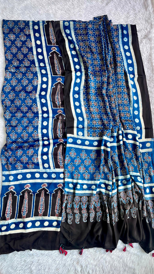 Indigo Blue Jharokha Print Modal Silk Ajrakh Natural Dyed Hand Block Print 2pc Suit Material Set