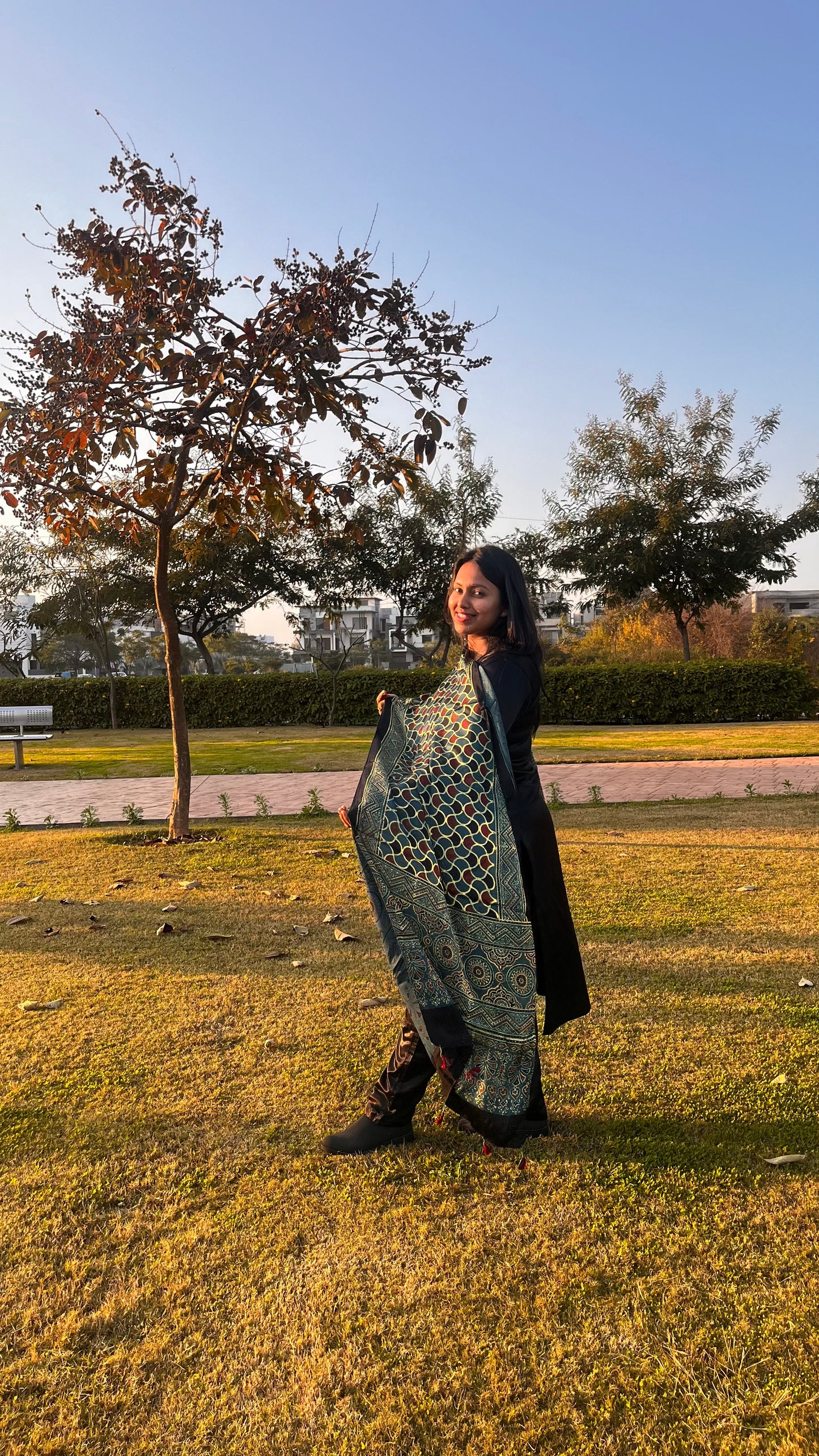 Green and Black Barfi Motif Ajrakh Hand Block Print Modal Silk Stole with Tassels