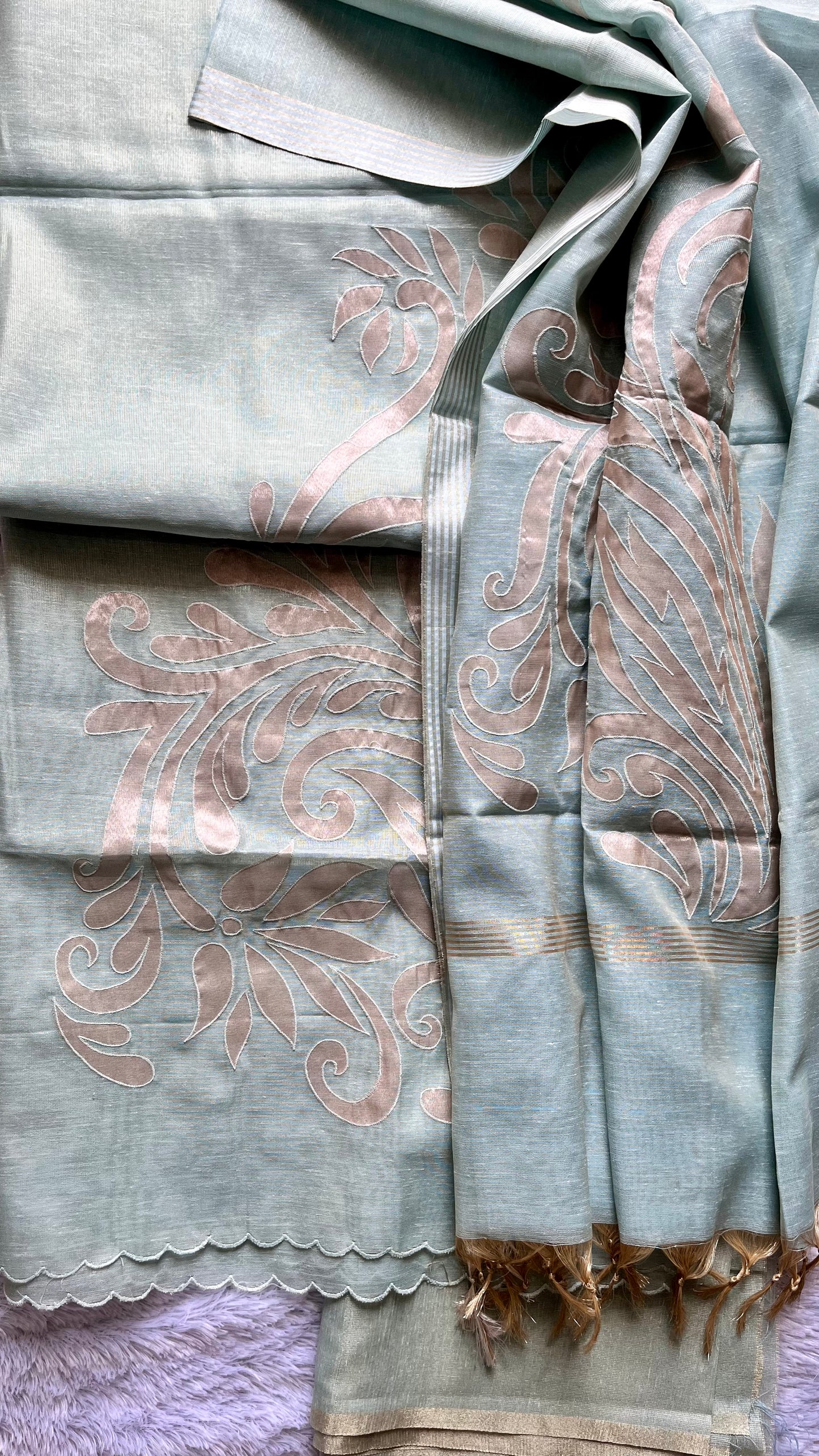 Aqua Blue Shade Banarasi Tissue Linen 3-Piece Suit with All over Applique Work on Daman and Dupatta