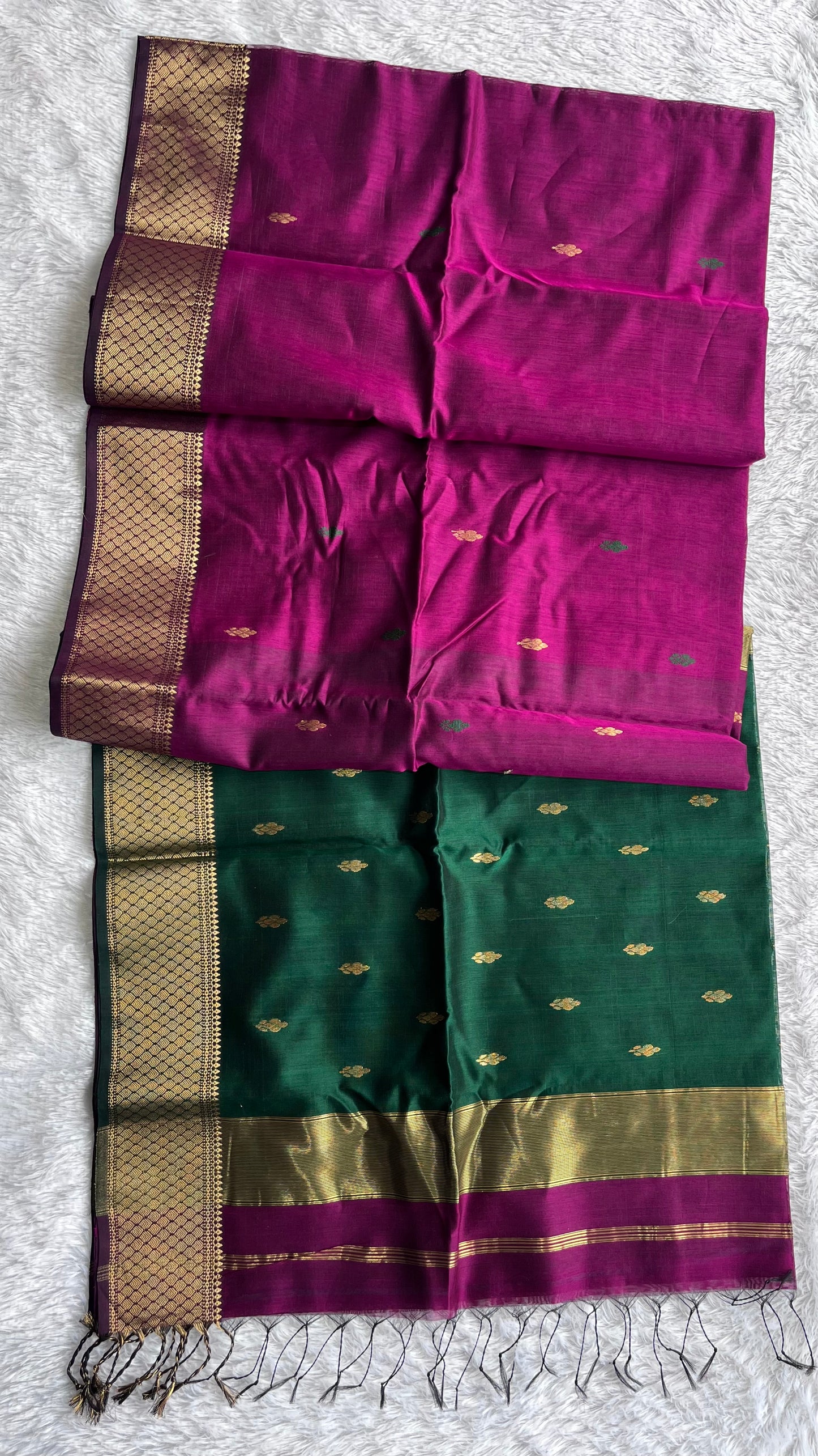 Magenta Pink with with Gold Zari Border Handwoven Maheshwari Tissue Silk Saree