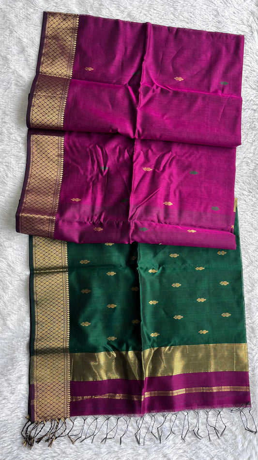 Magenta Pink with with Gold Zari Border Handwoven Maheshwari Tissue Silk Saree