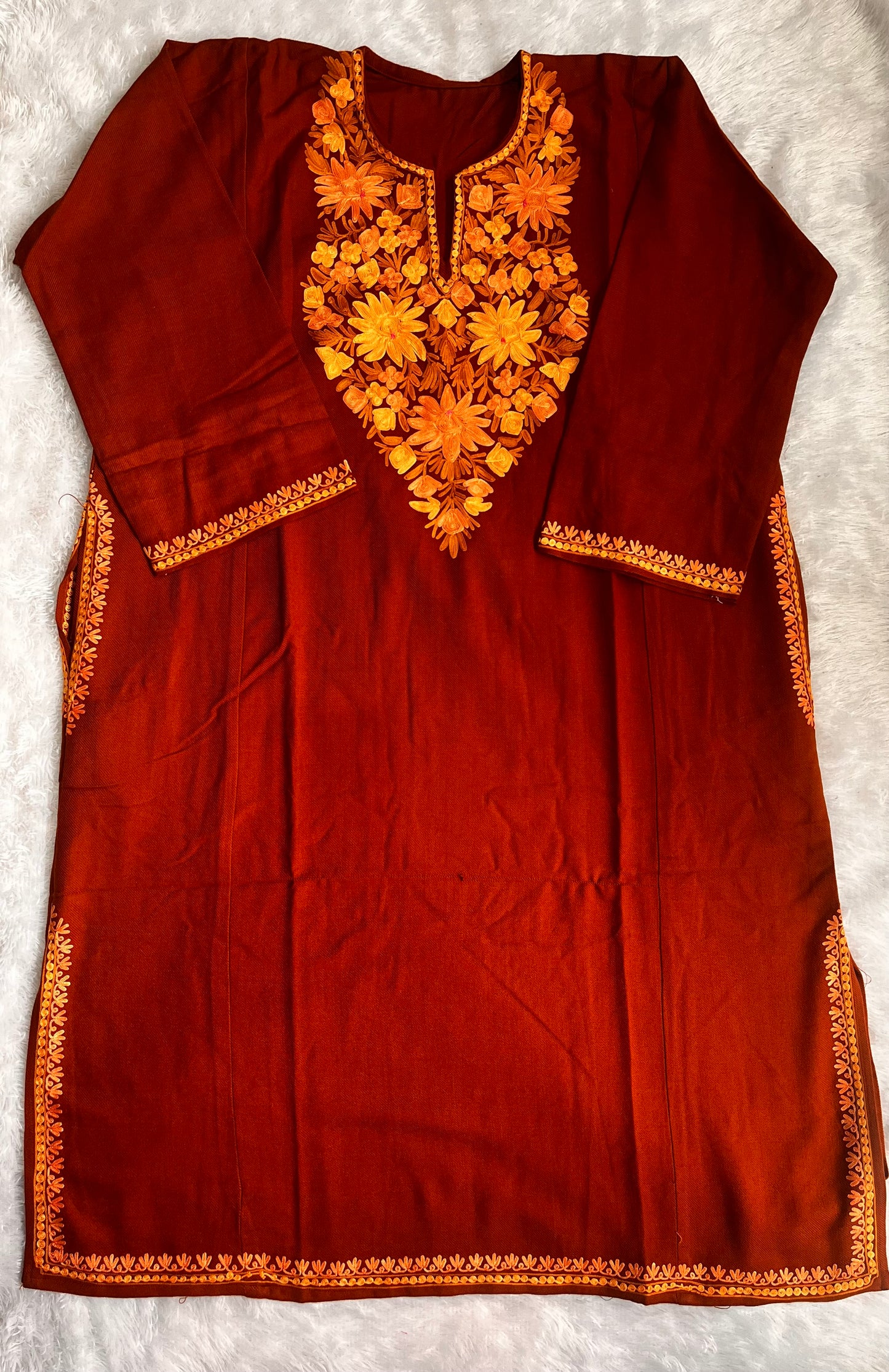 Caramel Shade Kashmiri Aari Work Full Embroidered Pheran with Pockets