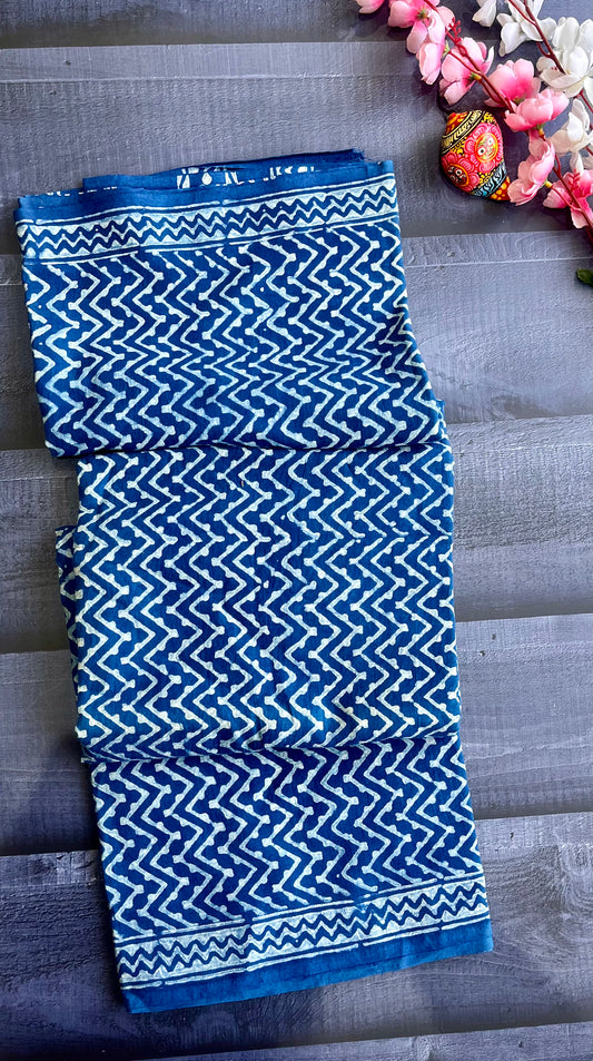 Zigzag Motif Indigo Akola Hand Block Mulmul Cotton Saree with Blouse