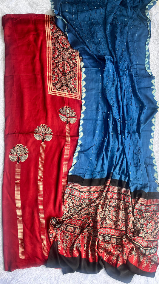 Ravishing Red Kamal Print Modal Silk Hand Block Print 2pc Suit Material with Teal Blue Bandhej Dupatta